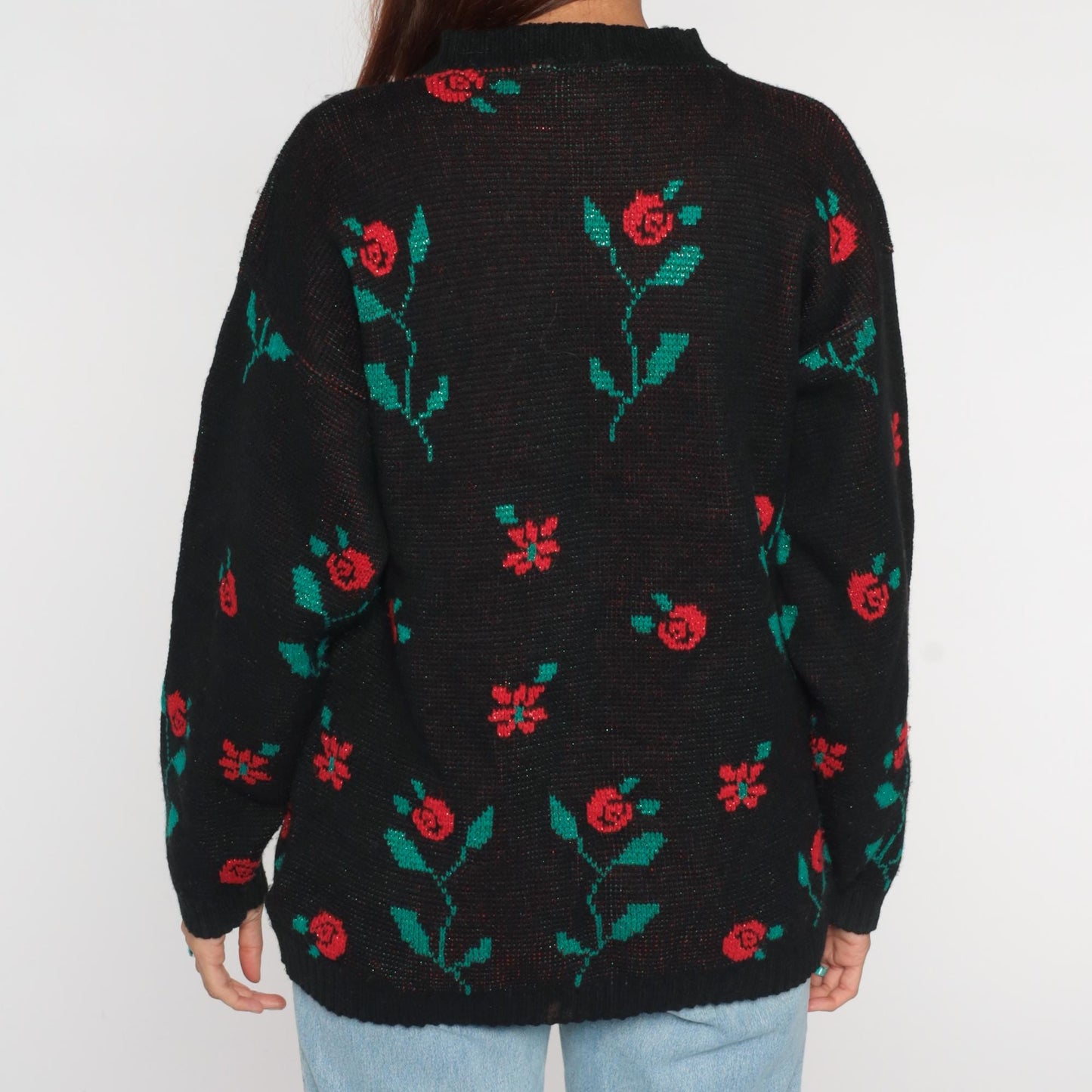 90s Village Fair Black Floral Knit Sweater Red Rose Metallic Medium M