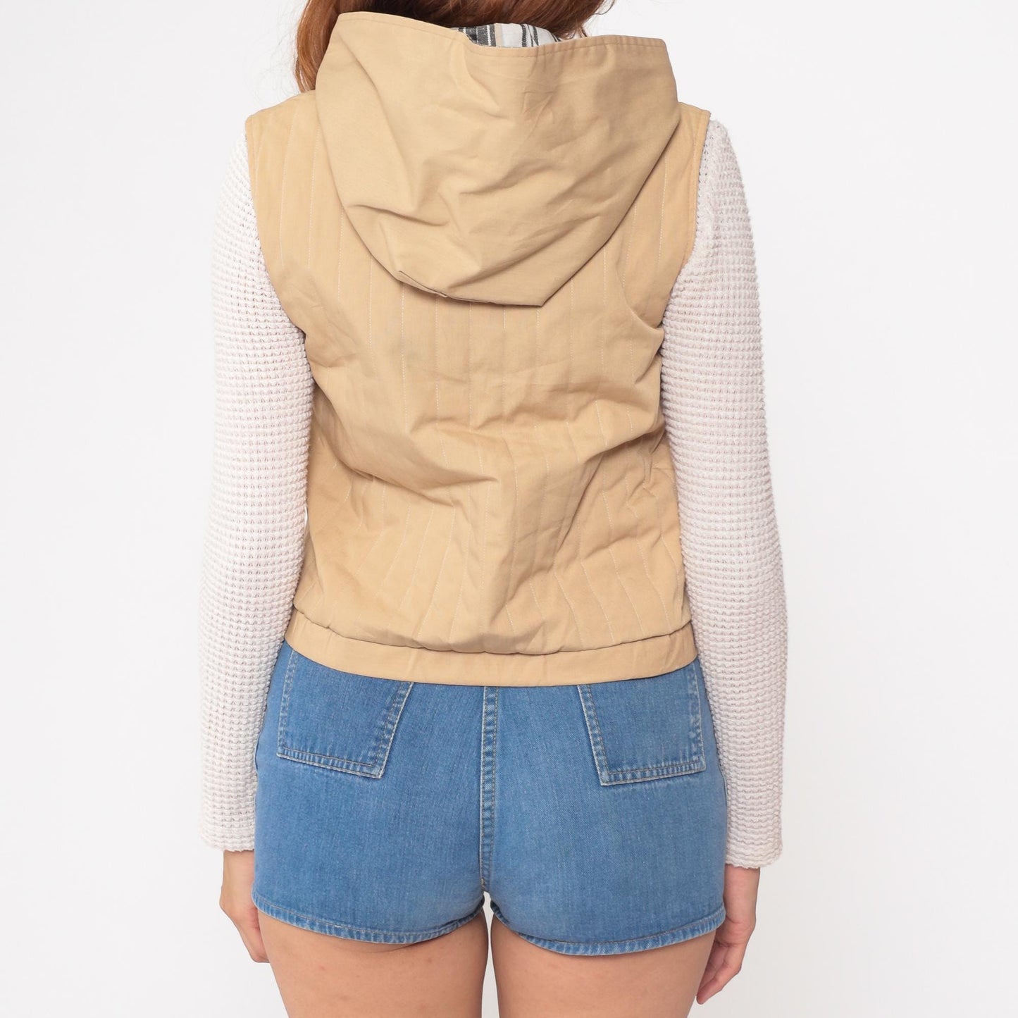 70s Reversible Plaid Hooded Quilted Vest Tan Black White Checkered XS