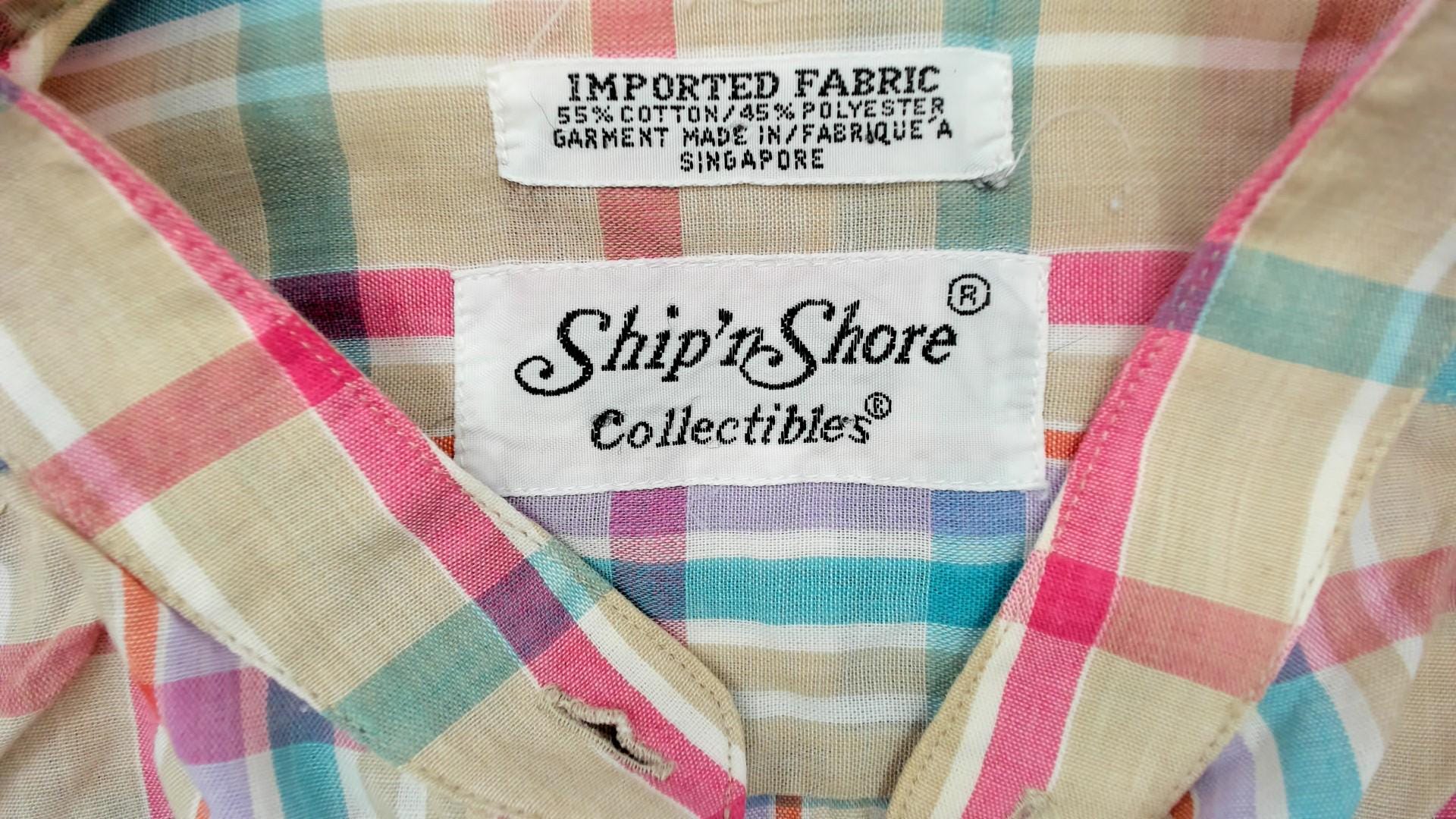80s Ship n Shore Tan Checkered Button Up Blouse Pink Purple Blue Small S