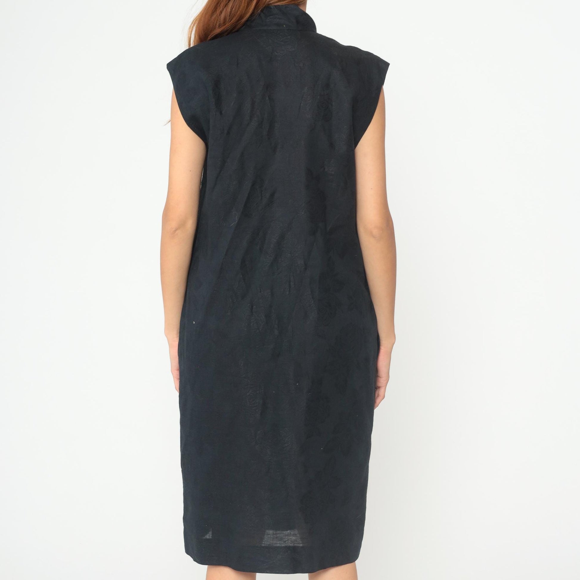 90s Albert Nipon Black Linen Mandarin Collar Midi Dress Large L