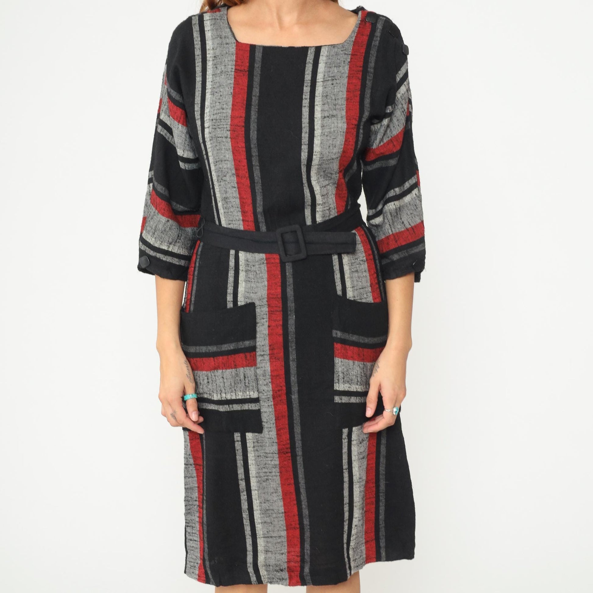 80s Vertical Stripe Midi Dress Red Black Grey Square Neck Wool Blend Medium