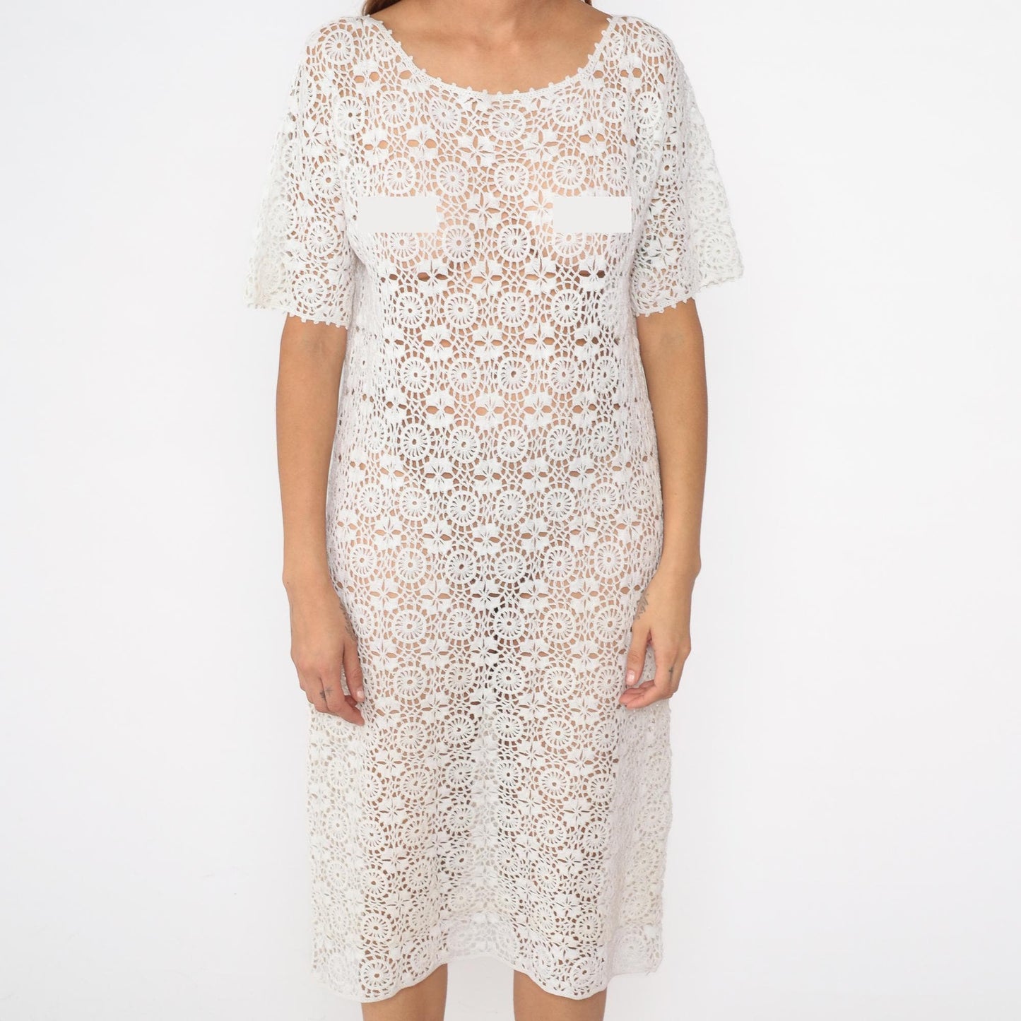 80s White Crochet Midi Dress Open Weave Cutwork Short Sleeve Large