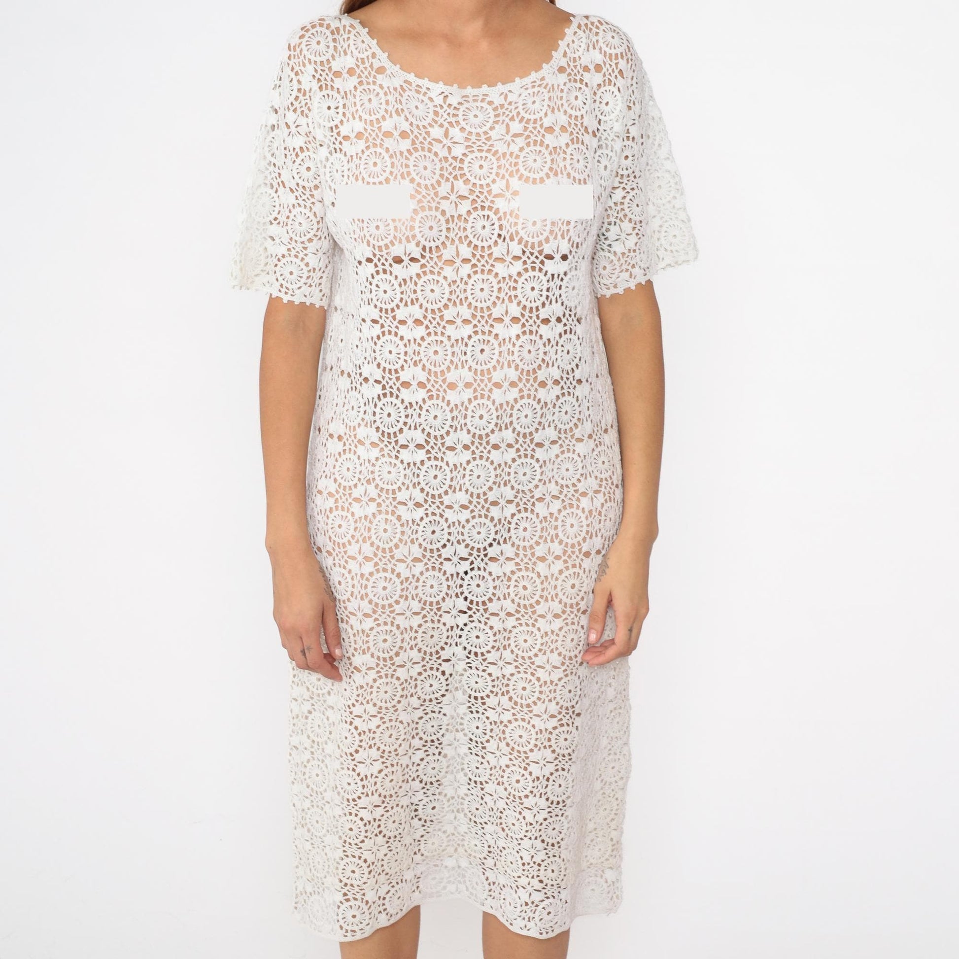 80s White Crochet Midi Dress Open Weave Cutwork Short Sleeve Large