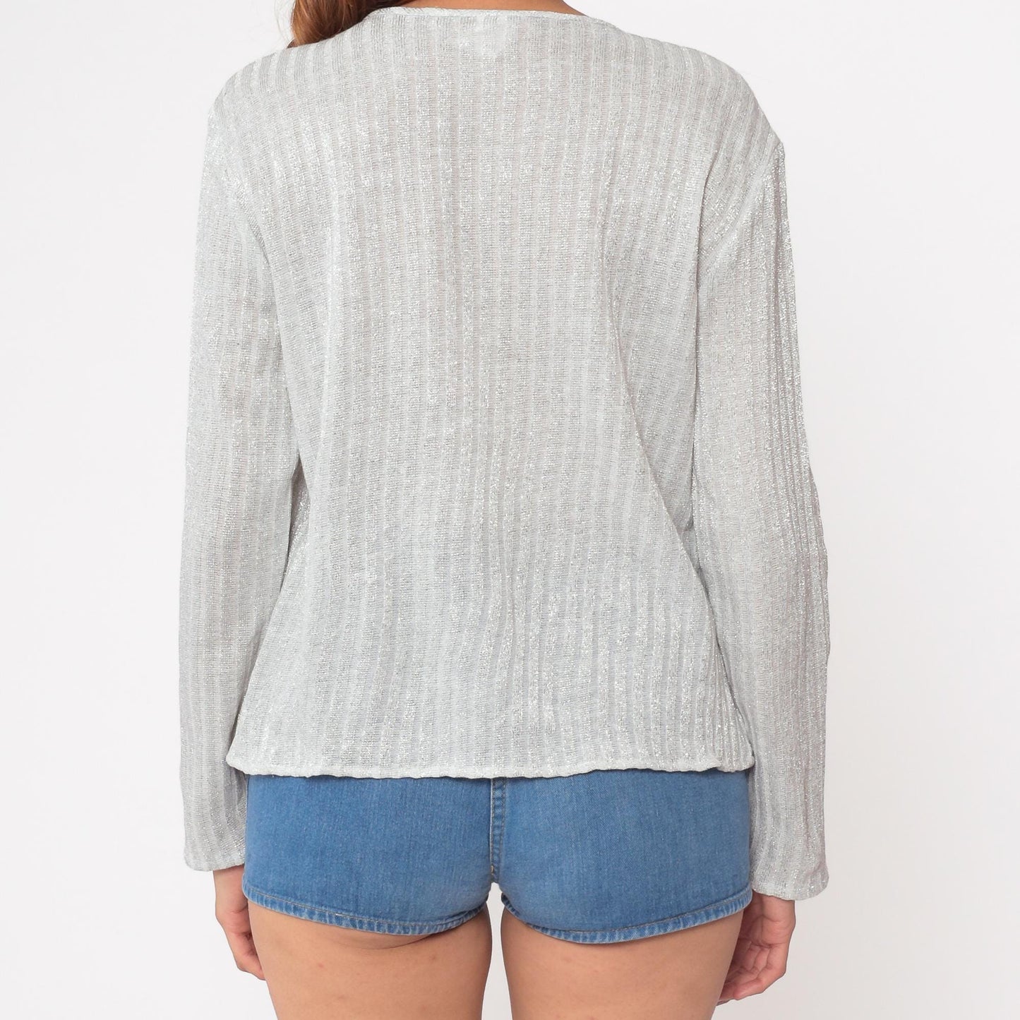 70s Lauren Lee Silver Metallic Cardigan Ribbed Knit Button-Up Small