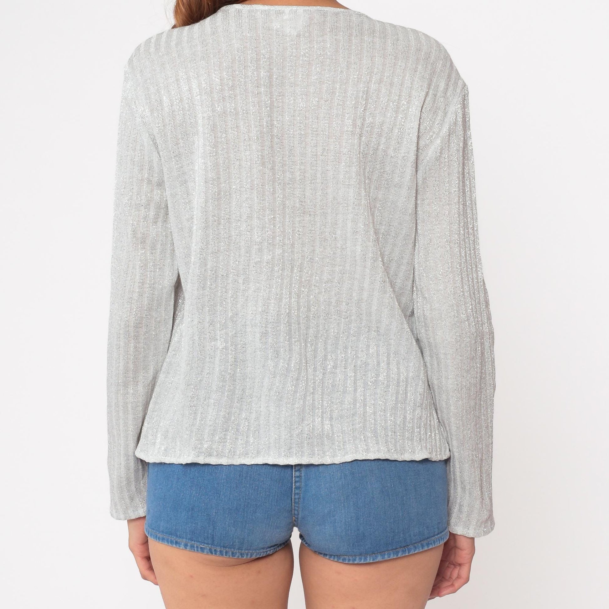 70s Lauren Lee Silver Metallic Cardigan Ribbed Knit Button-Up Small