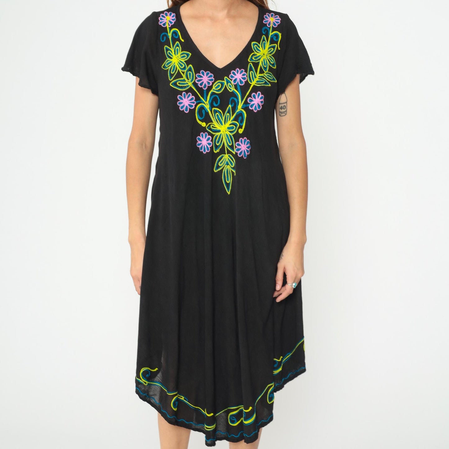 Y2K Black Midi Dress Exist Floral Embroidery V-Neck Asymmetric Hem One Size