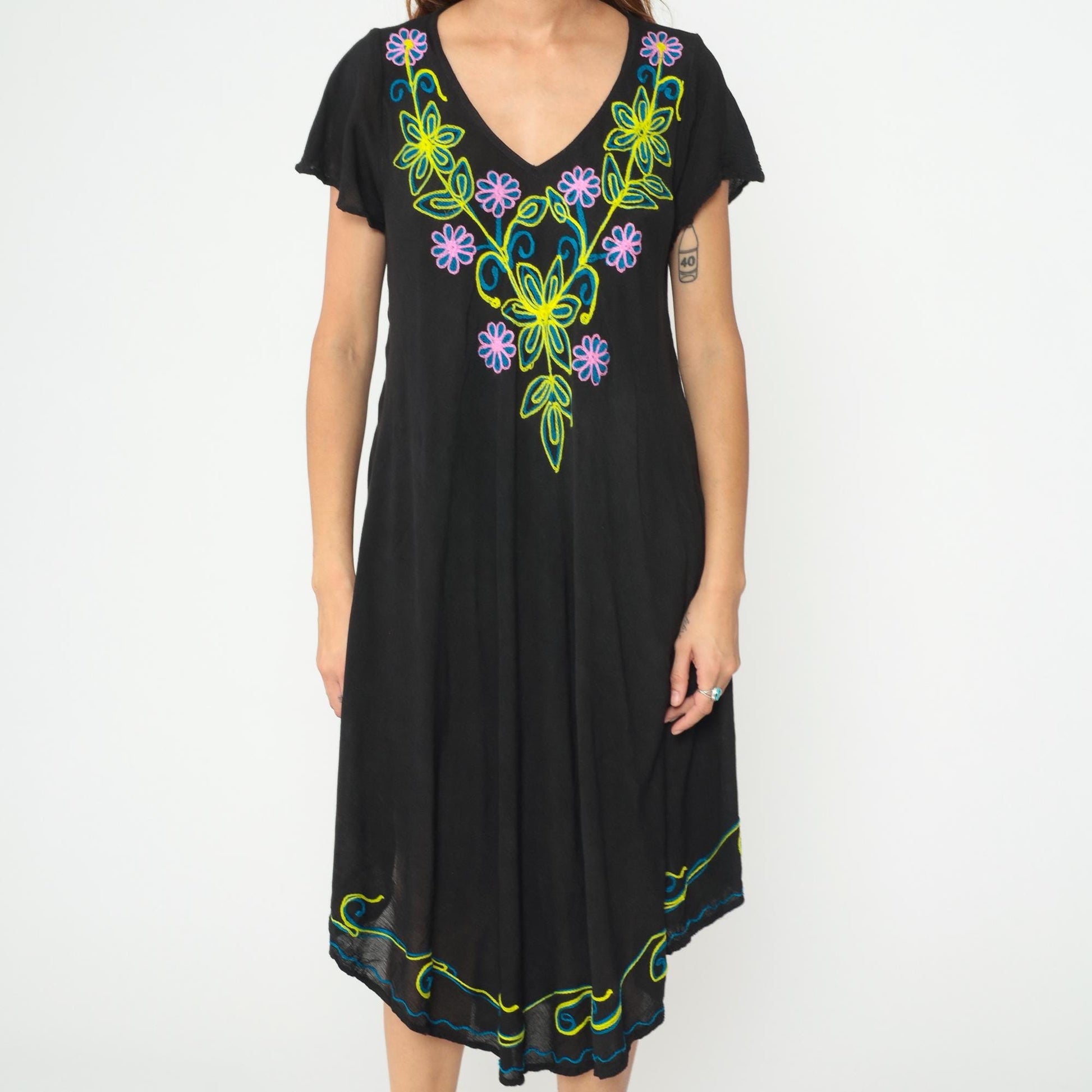 Y2K Black Midi Dress Exist Floral Embroidery V-Neck Asymmetric Hem One Size