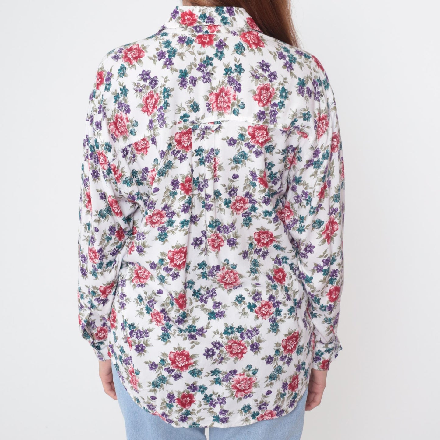 90s Ilio Floral Button-Up Blouse White Rose Print Rayon Medium M