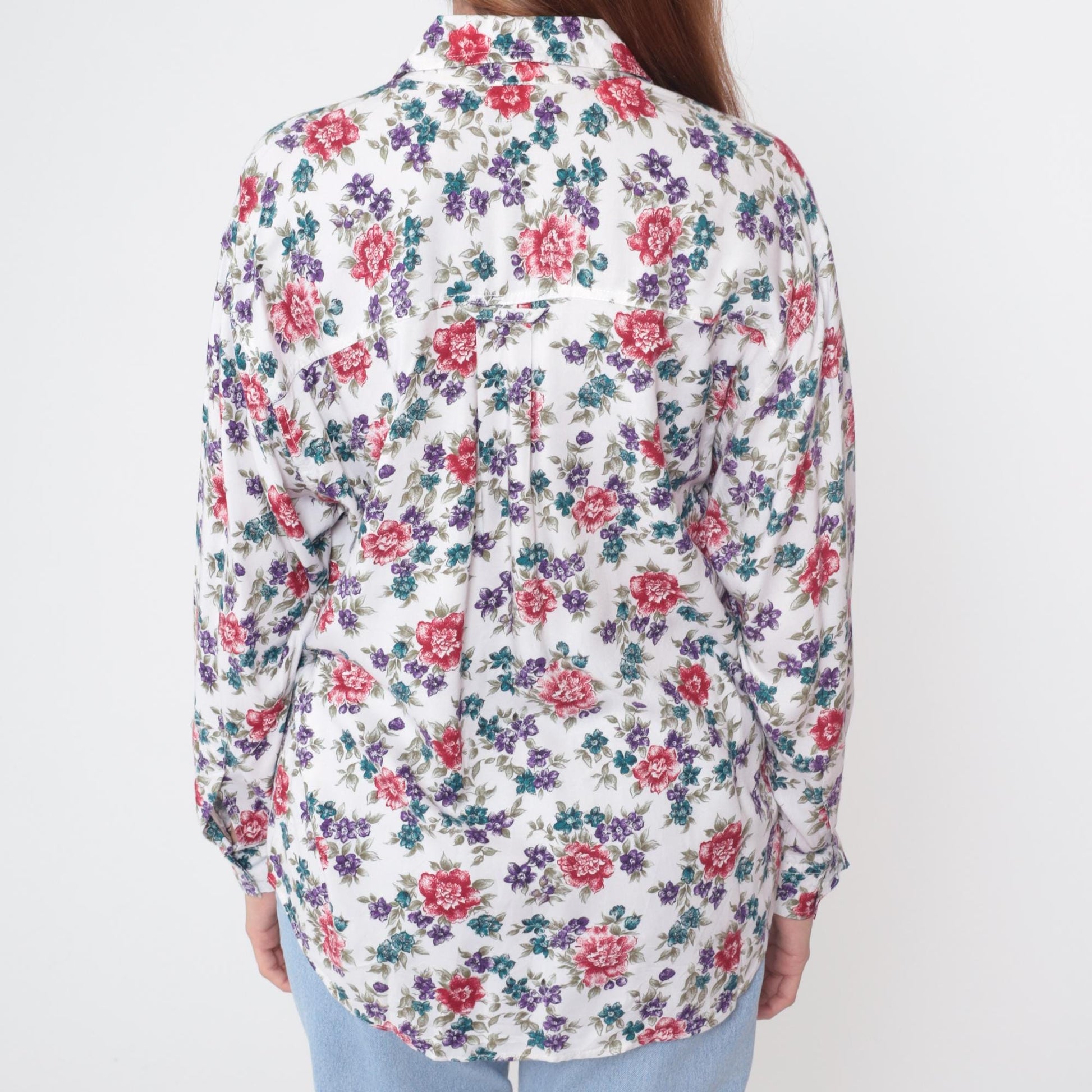 90s Ilio Floral Button-Up Blouse White Rose Print Rayon Medium M