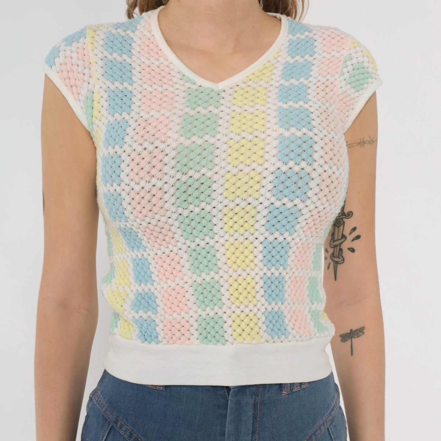 70s Pastel Checkered Mesh Crop Top V-Neck Cap Sleeve Pink Blue Yellow Mint Small