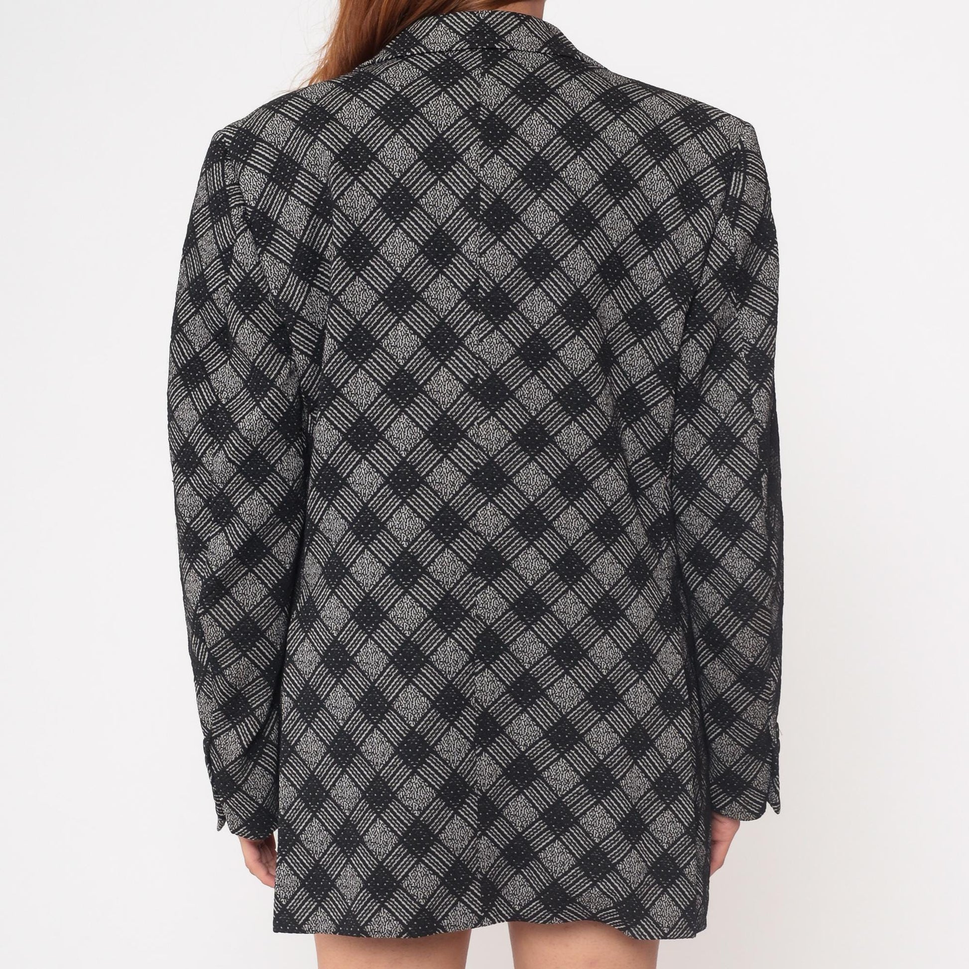 70s Black Gray Diagonal Plaid Blazer Notch Collar Button Front Medium