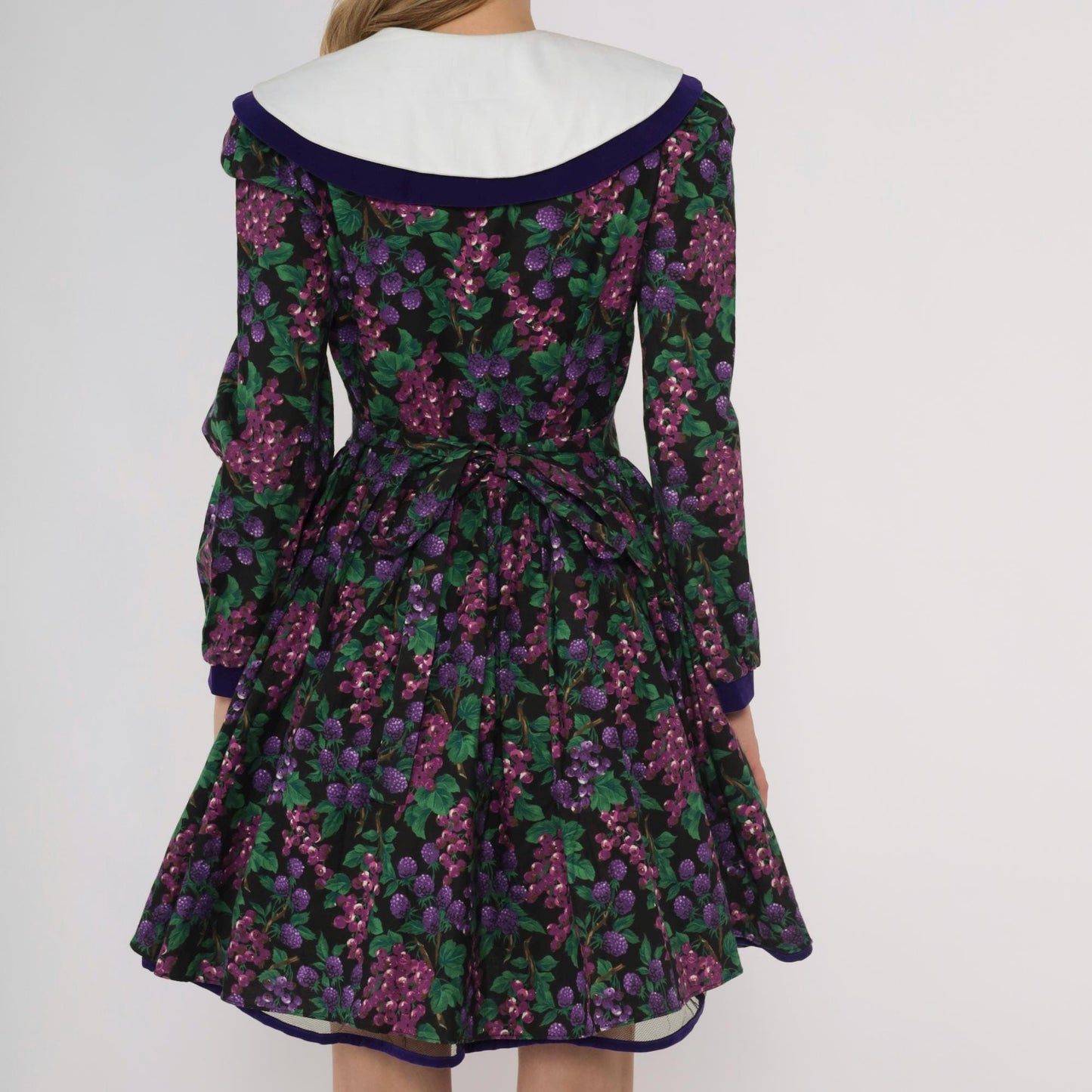 80s Bonnie Jean Purple Grape Print Dress Peter Pan Collar Extra Small XS