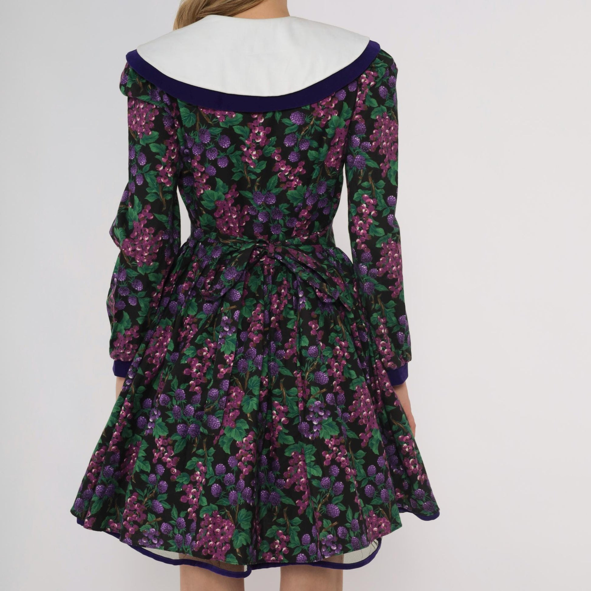 80s Bonnie Jean Purple Grape Print Dress Peter Pan Collar Extra Small XS