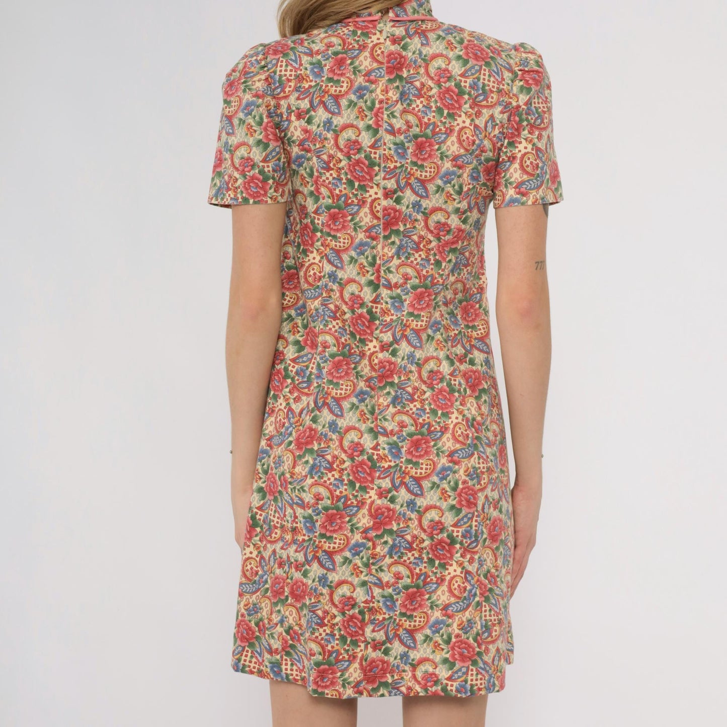 70s Floral Paisley Print Mock Neck Midi Dress A-Line Cotton Extra Small XS