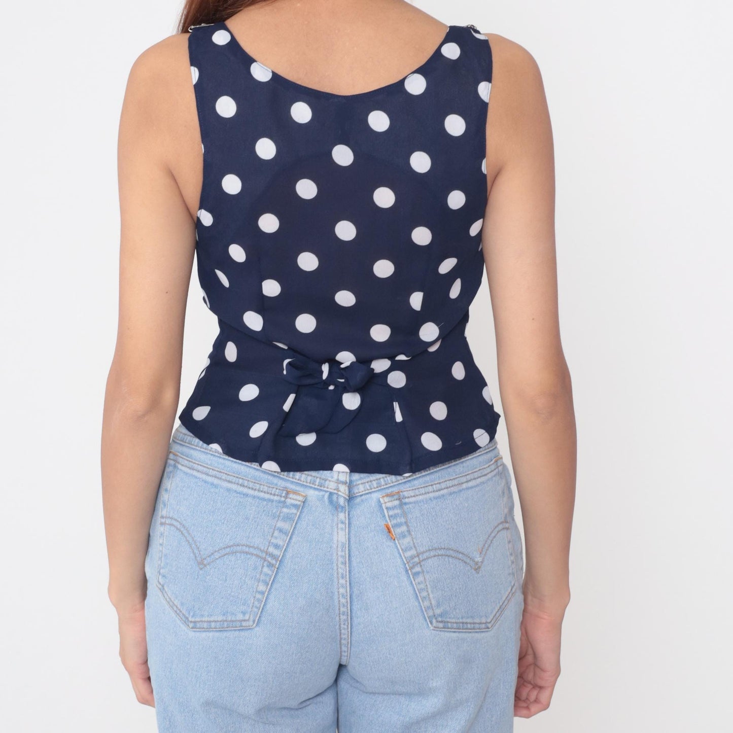 90s Navy Polka Dot Vest Top White Dots Button Front Cropped XS