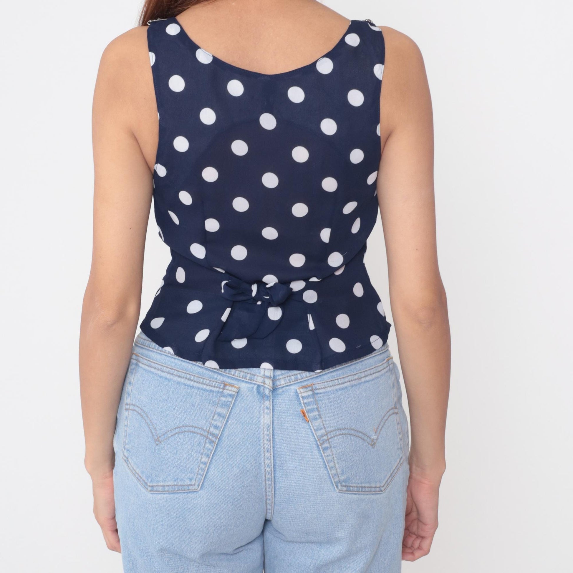 90s Navy Polka Dot Vest Top White Dots Button Front Cropped XS