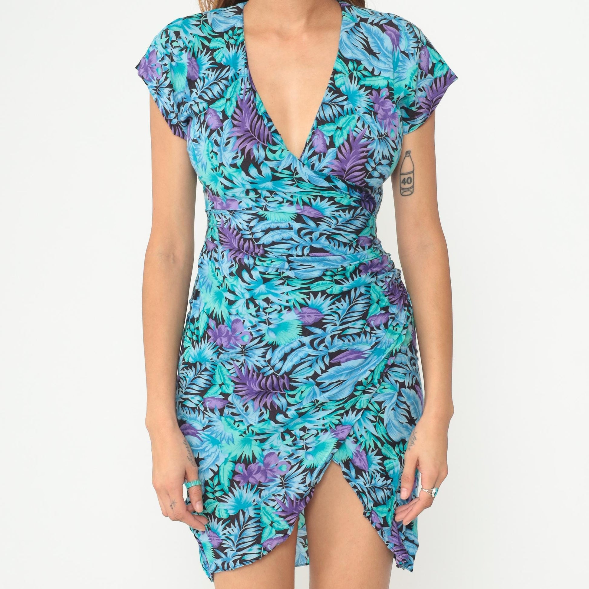 90s Tropical Floral Wrap Dress Turquoise Purple Rayon Mini XS
