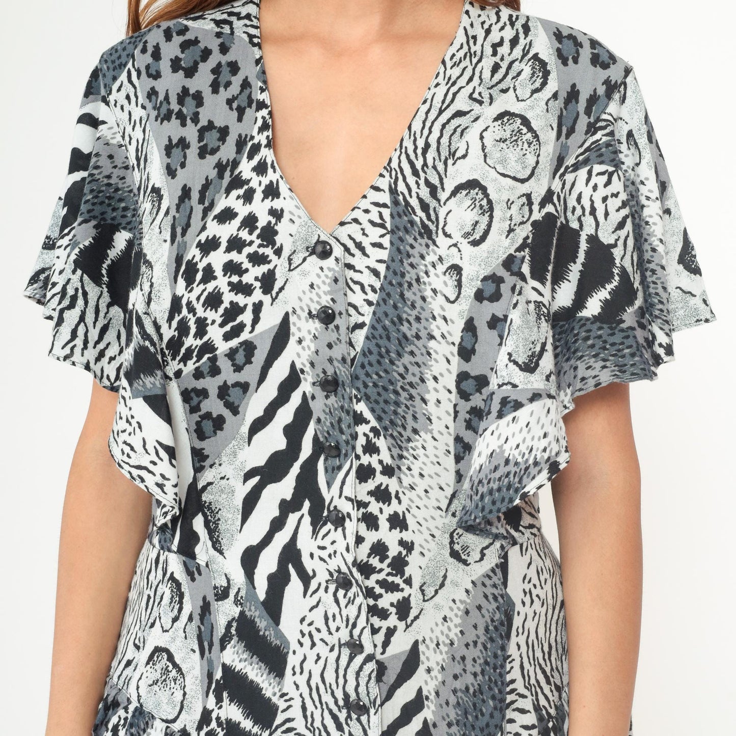 90s Animal Print Midi Dress Black White Leopard Zebra Button Front Flutter Sleeve Medium M