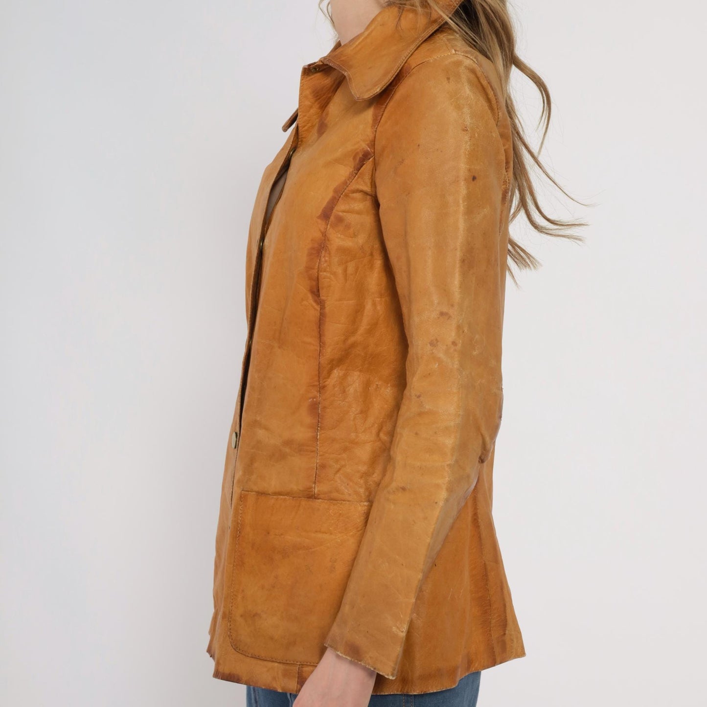 70s Tan Leather Jacket Button Front Pointed Collar Distressed XS
