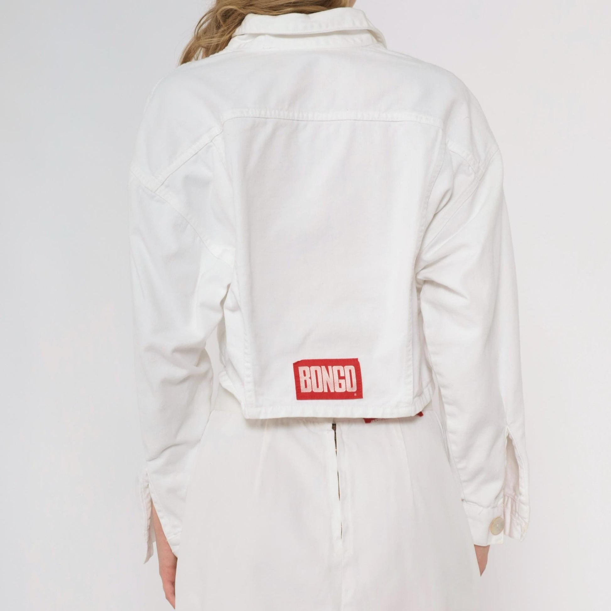 90s Bongo White Denim Crop Jacket Button Up Collar Medium M