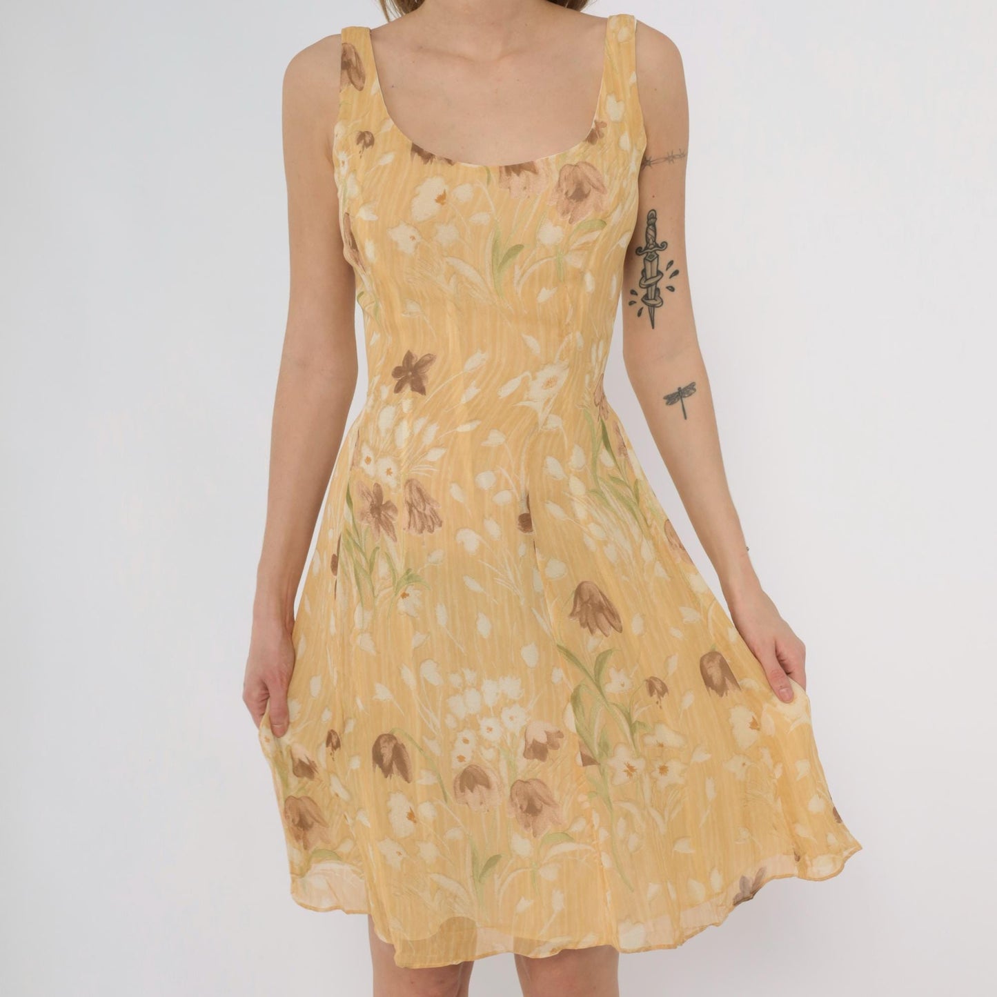 90s Barami Silk Floral Sundress Yellow Daisy Mini Tank Scoop Neck Extra Small
