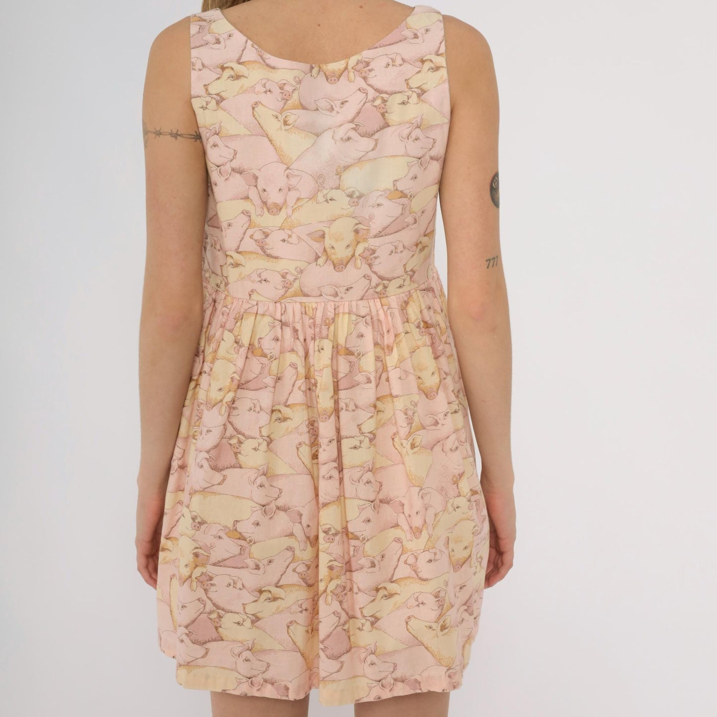 80s Pig Print Mini Dress Pink Yellow Empire Waist Button Front Small