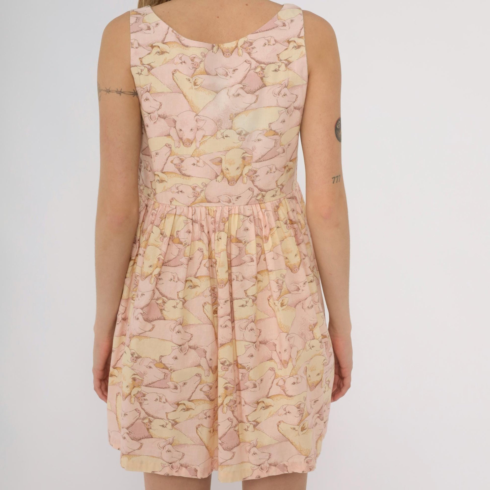 80s Pig Print Mini Dress Pink Yellow Empire Waist Button Front Small