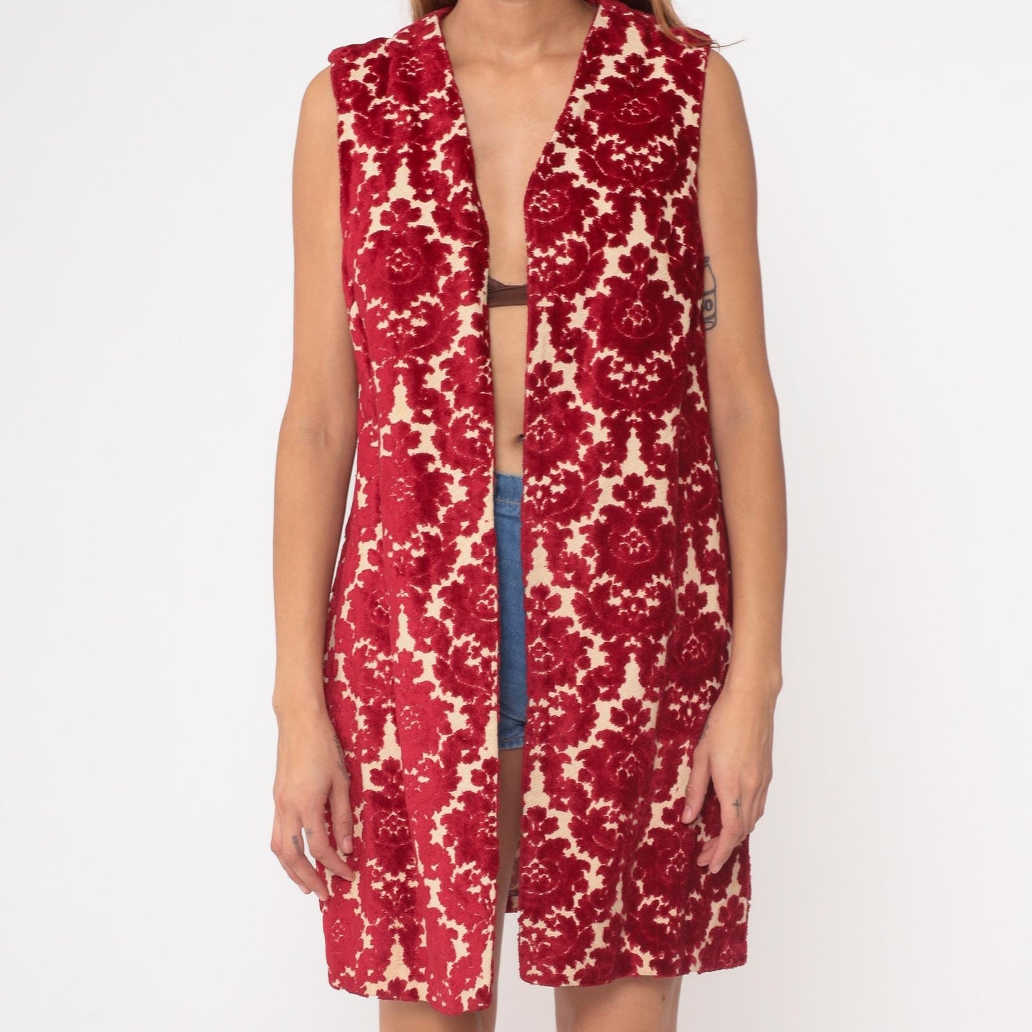 1970s VIP Red Velvet Floral Vest Sleeveless Long Open Front Small Medium