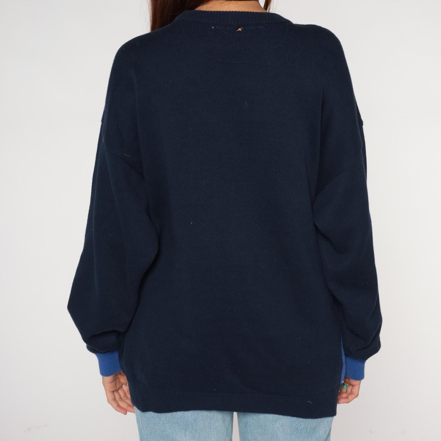 80s Navy Rainbow Stripe Knit Sweater Star Embroidered Colorblock Large