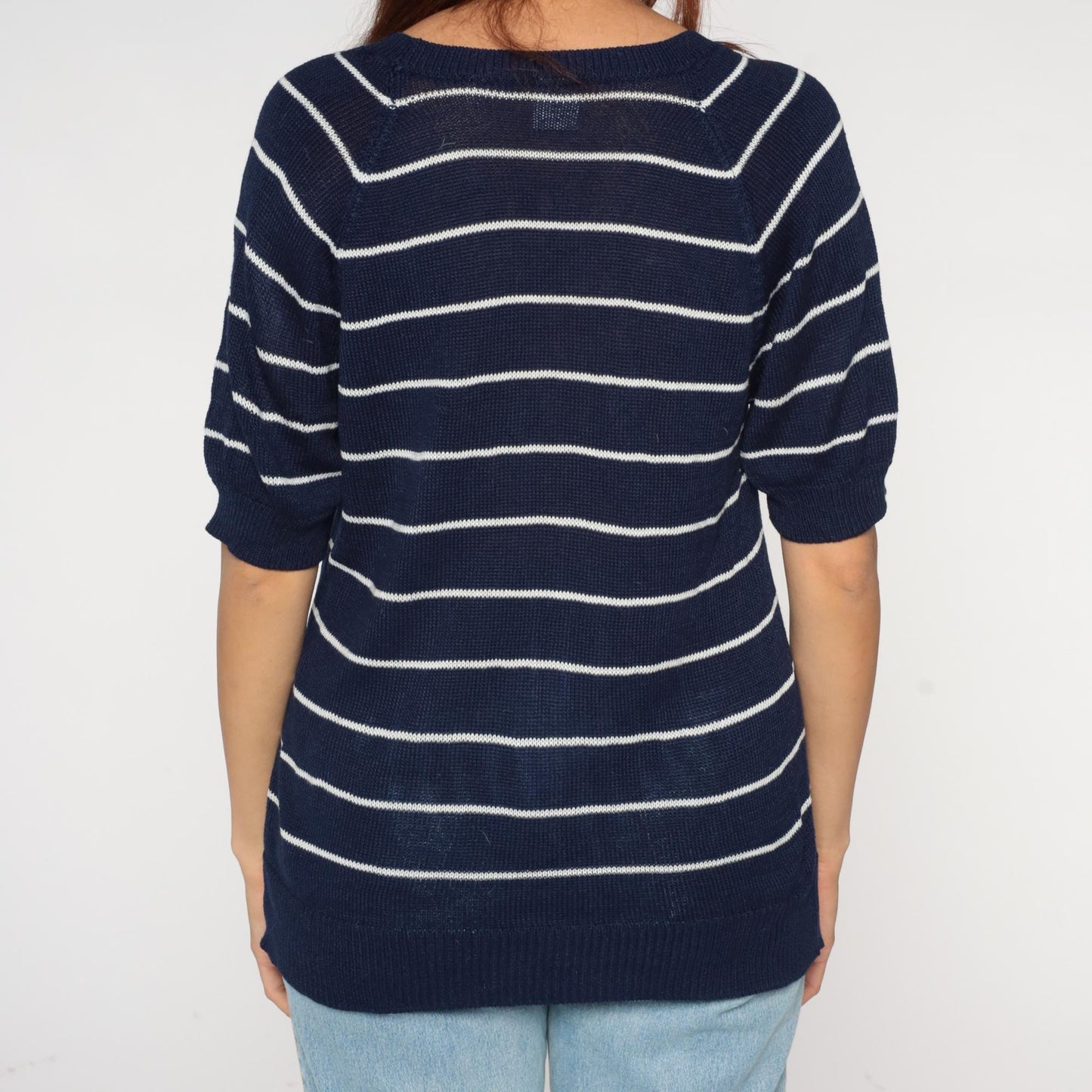 80s Nautical Anchor Sweater Navy White Striped Red Short Sleeve Medium
