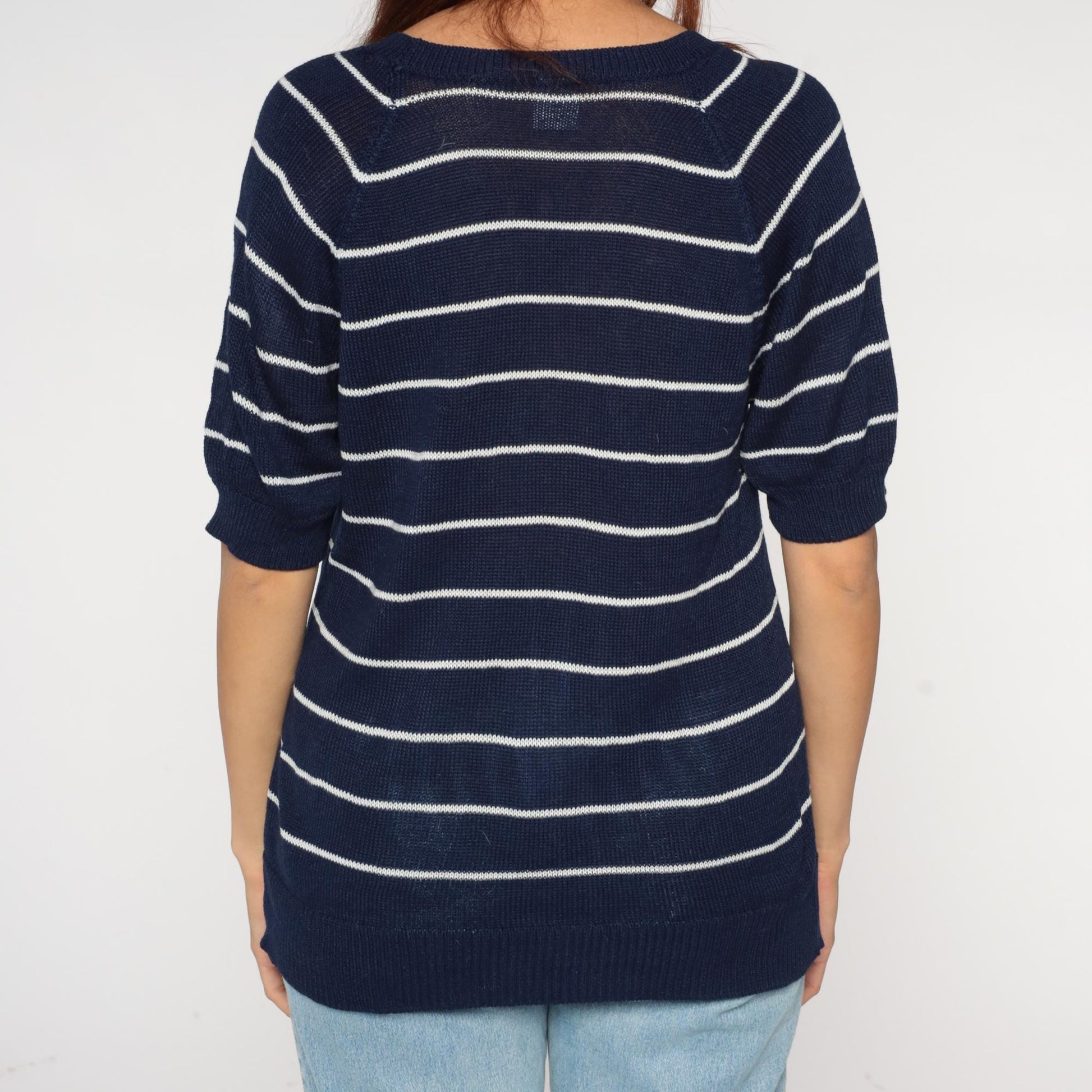 80s Nautical Anchor Sweater Navy White Striped Red Short Sleeve Medium