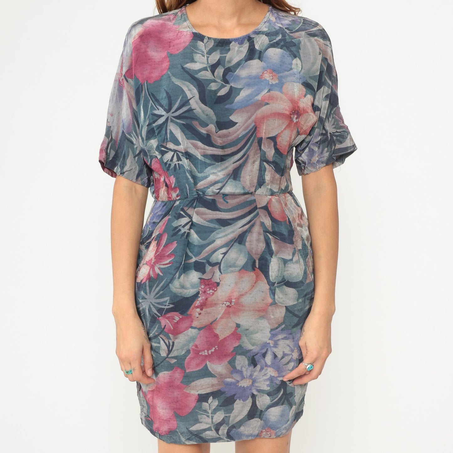 90s Watercolor Floral Mini Dress Teal Pink Rayon Flutter Sleeve Medium M