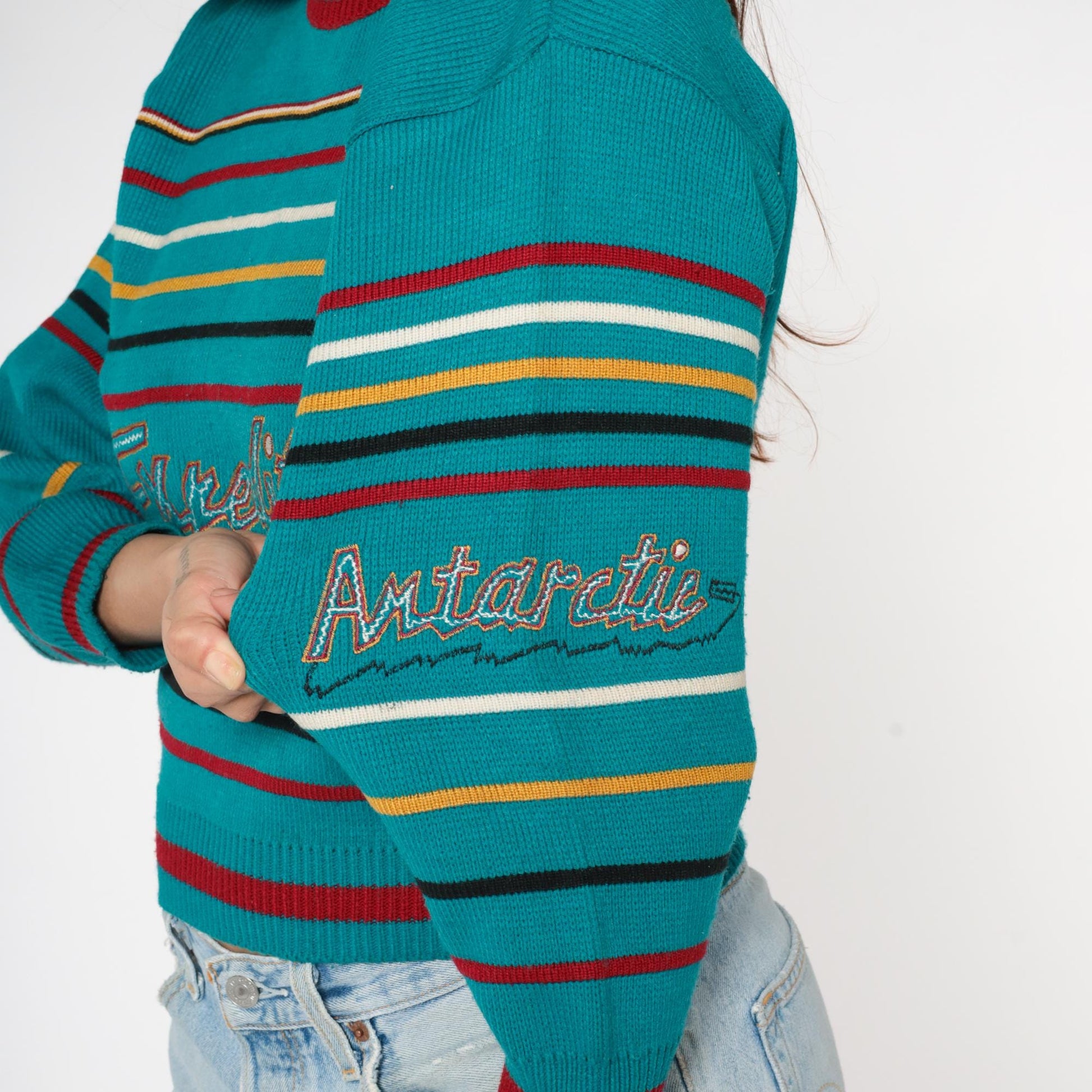 90s Teal Striped Crewneck Sweater Expedition Antarctic Embroidered XS