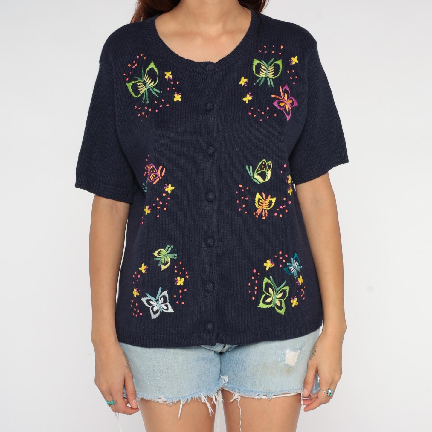 90s Navy Embroidered Butterfly Cardigan Short Sleeve Button Front Large L