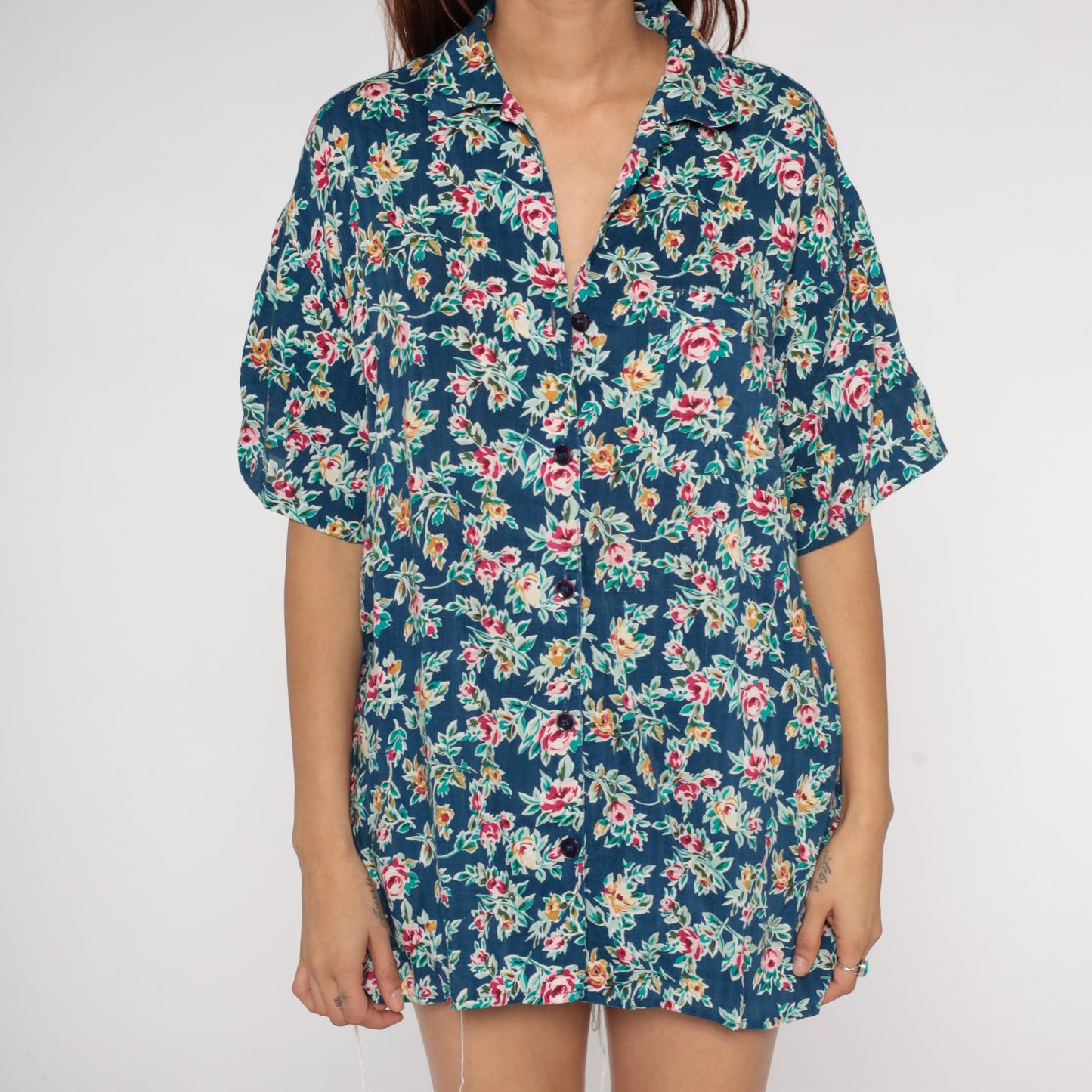 90s Partners Floral Button-Up Shirt Navy Rayon Pink Yellow Green Large L