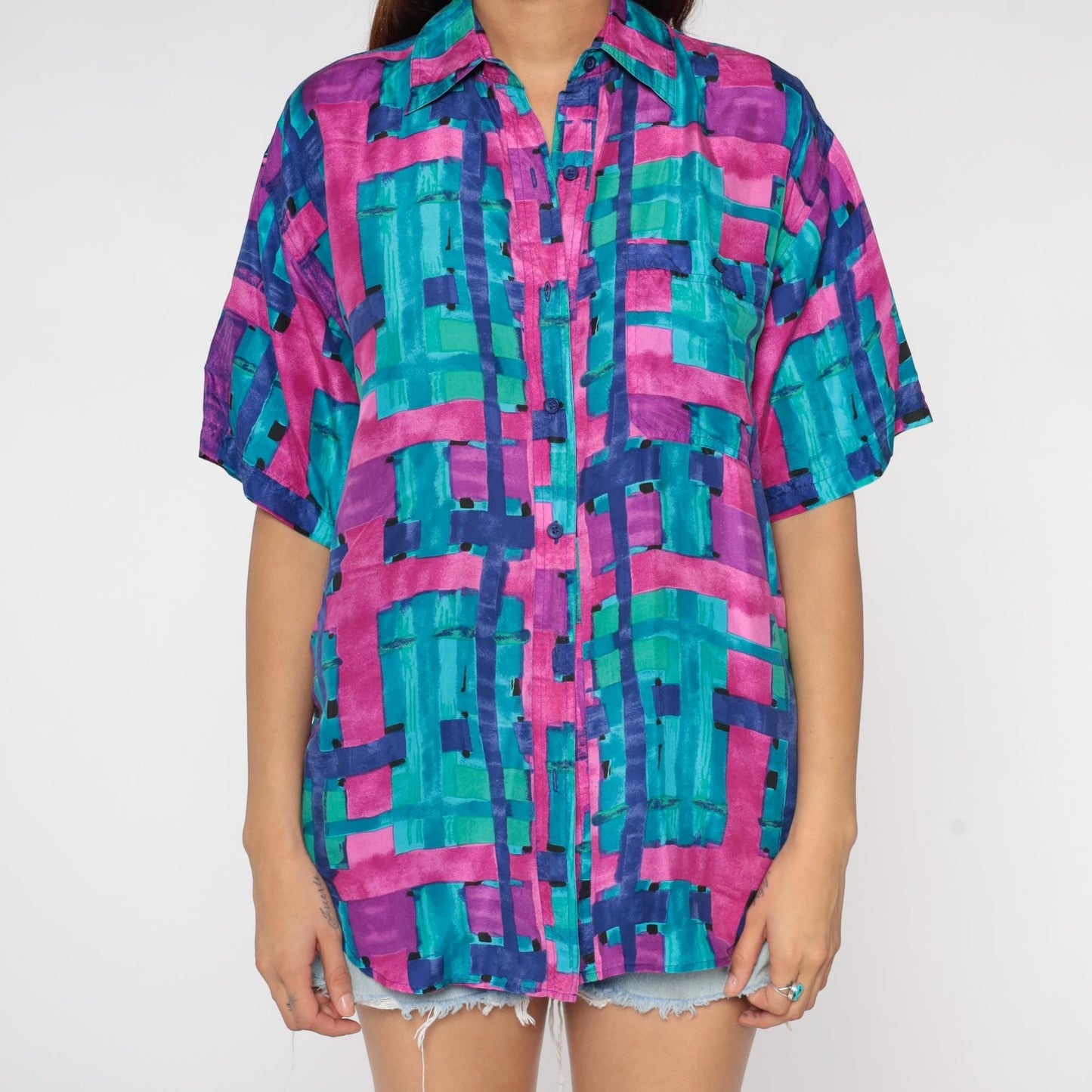 90s Silk Button Up Shirt Abstract Brushstroke Print Turquoise Pink Purple Small