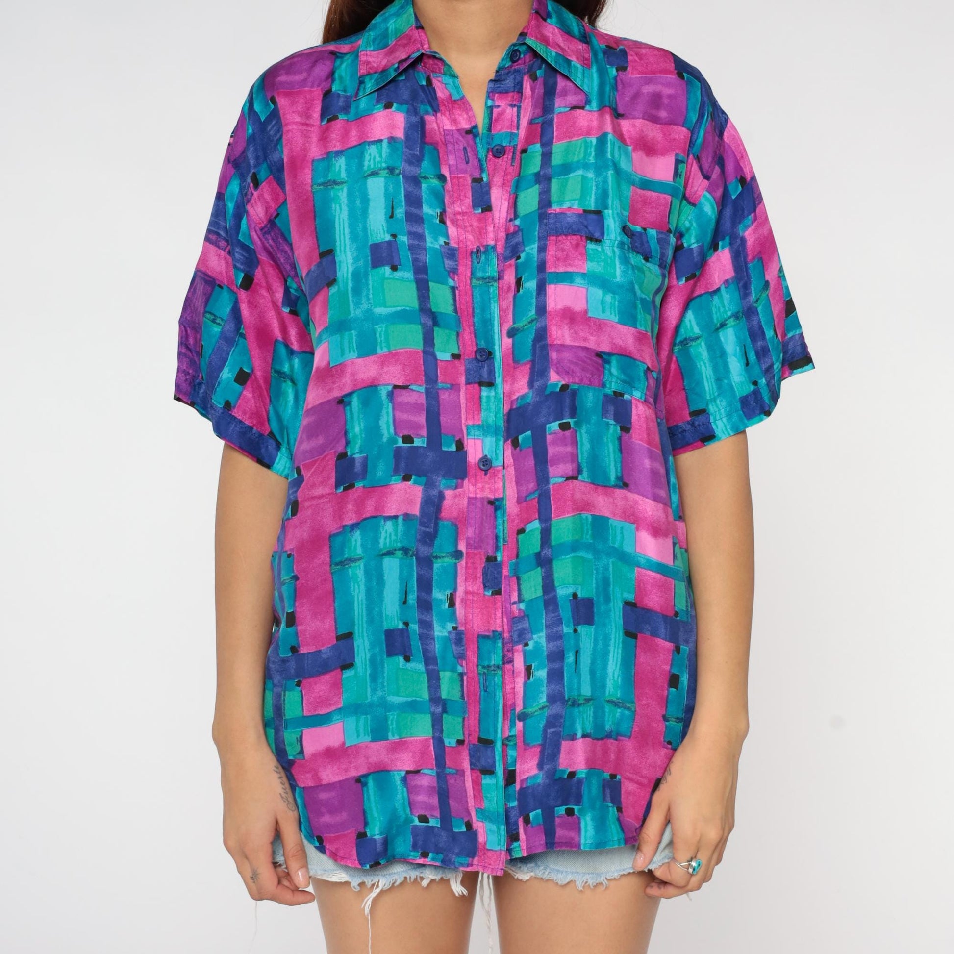 90s Silk Button Up Shirt Abstract Brushstroke Print Turquoise Pink Purple Small