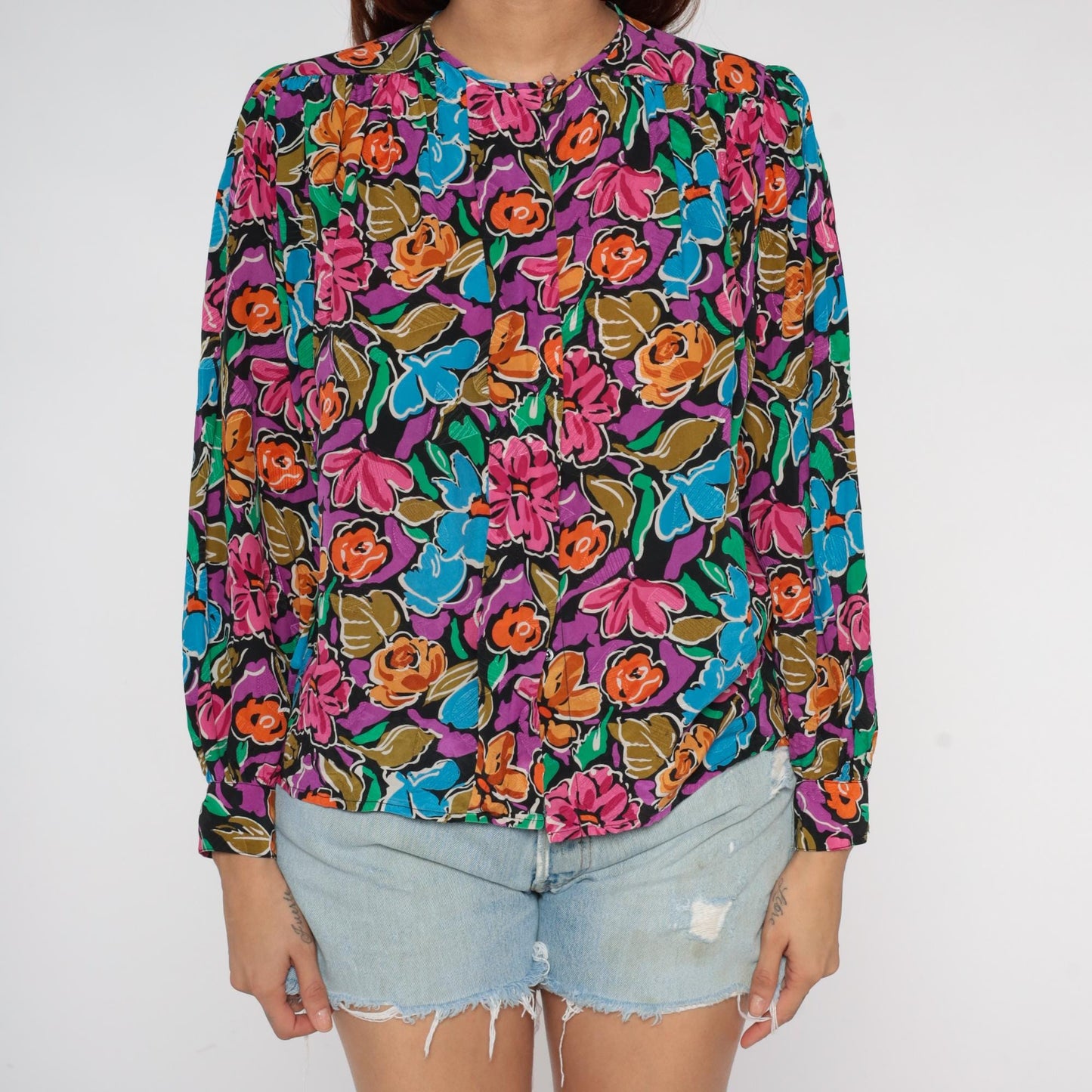90s Silk Floral Blouse Jewel Neckline Long Sleeve Multicolor Small S