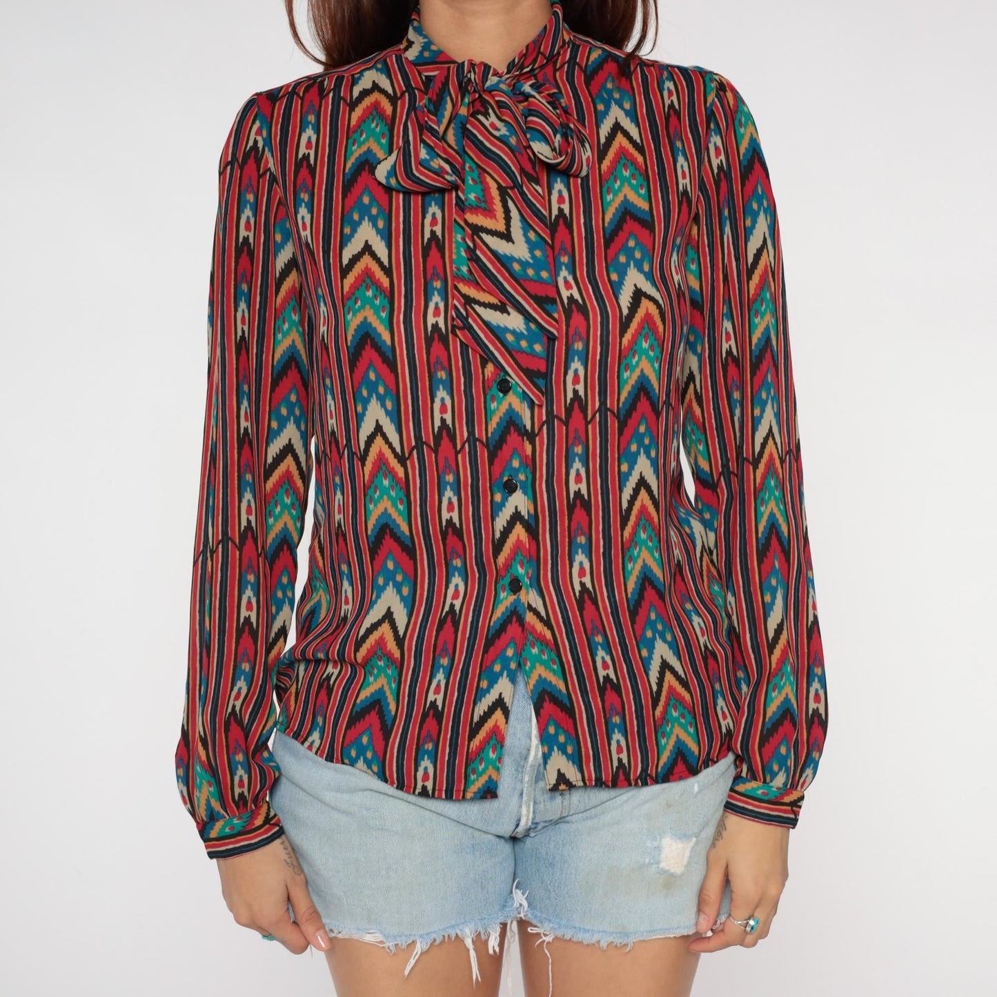 90s Regina Porter Geometric Chevron Blouse Neck Tie Multicolor Medium