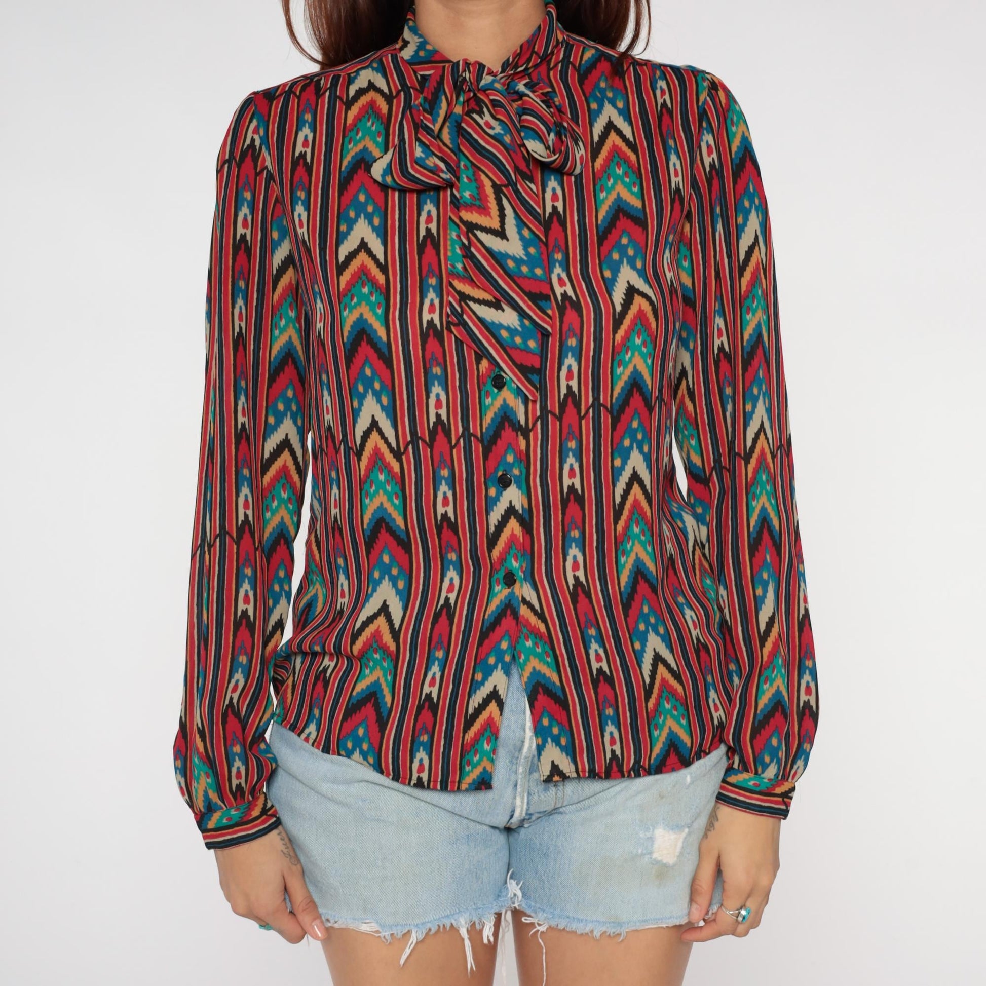90s Regina Porter Geometric Chevron Blouse Neck Tie Multicolor Medium