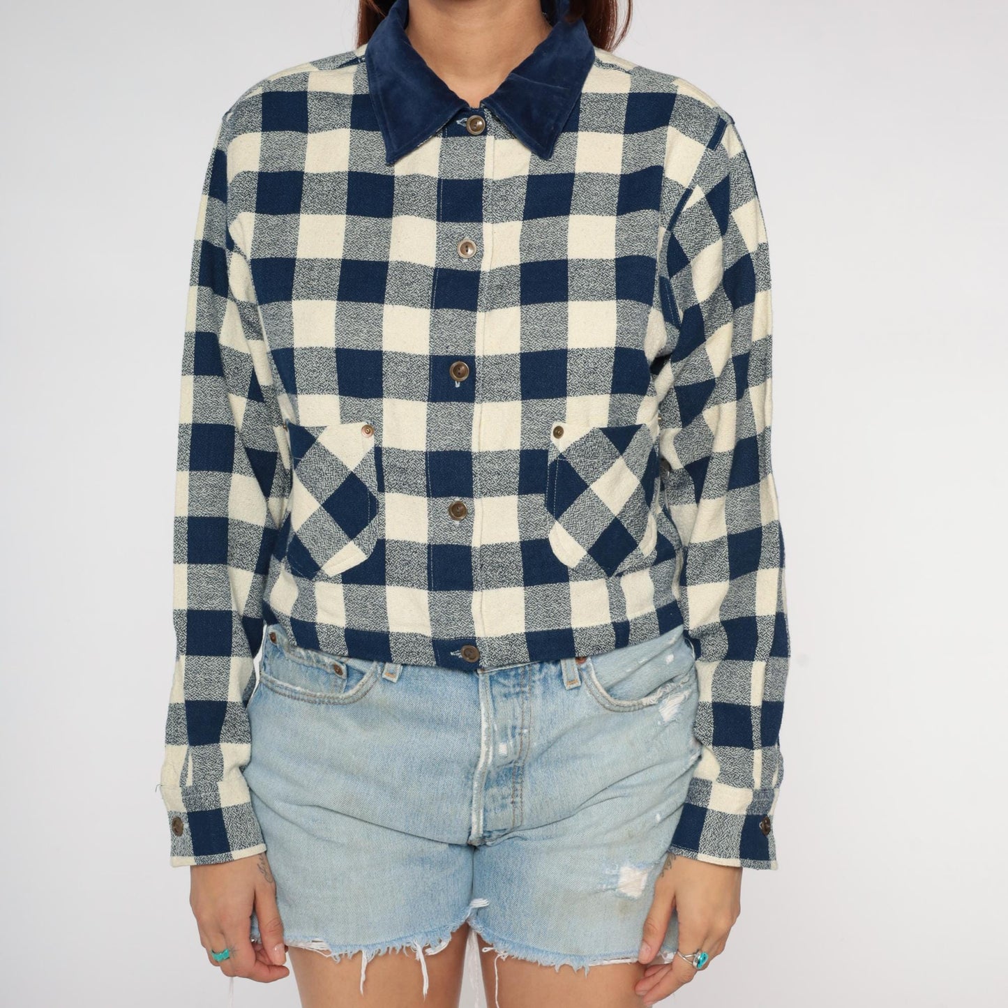 90s Commotion Buffalo Check Flannel Shirt Navy Cream Cropped Large L