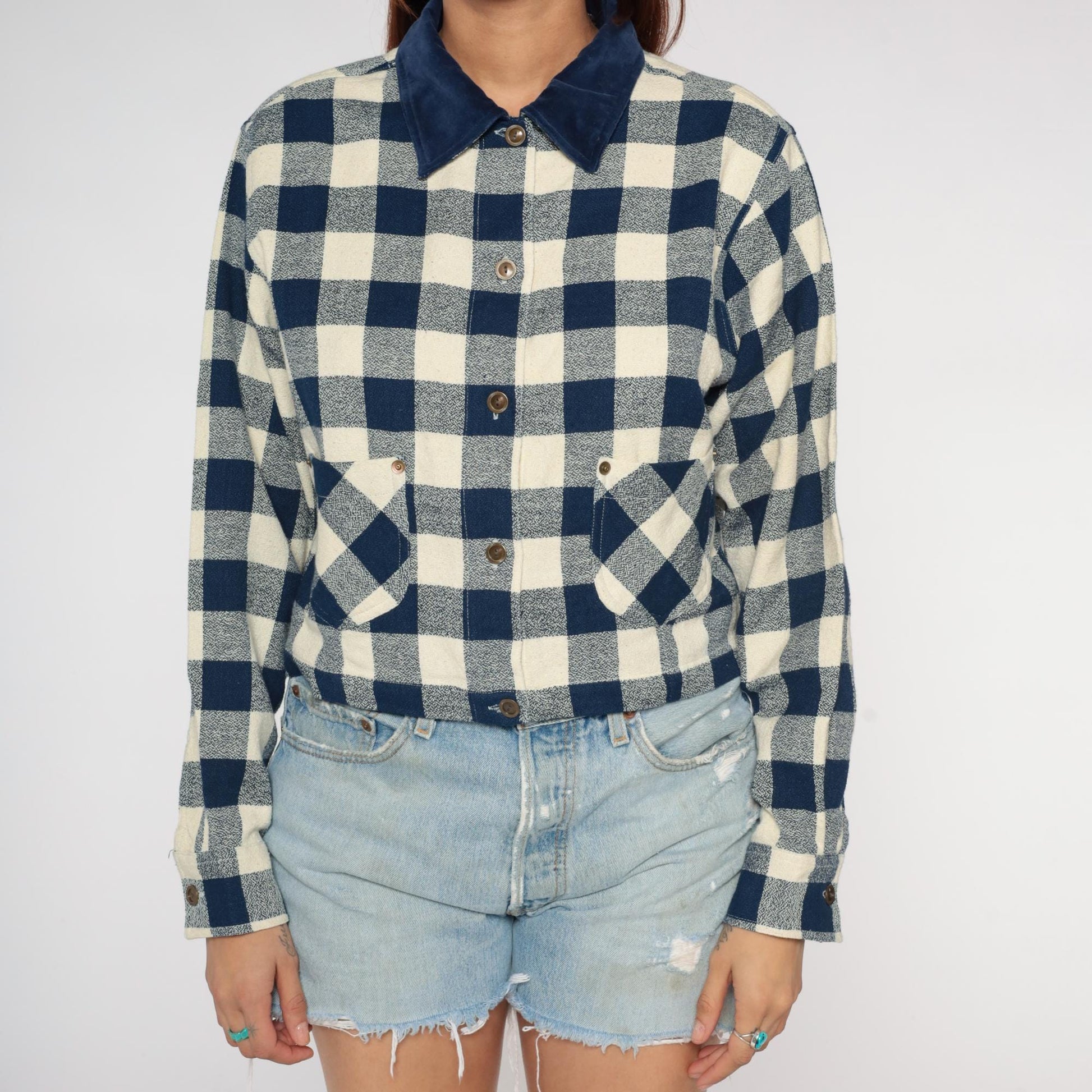 90s Commotion Buffalo Check Flannel Shirt Navy Cream Cropped Large L