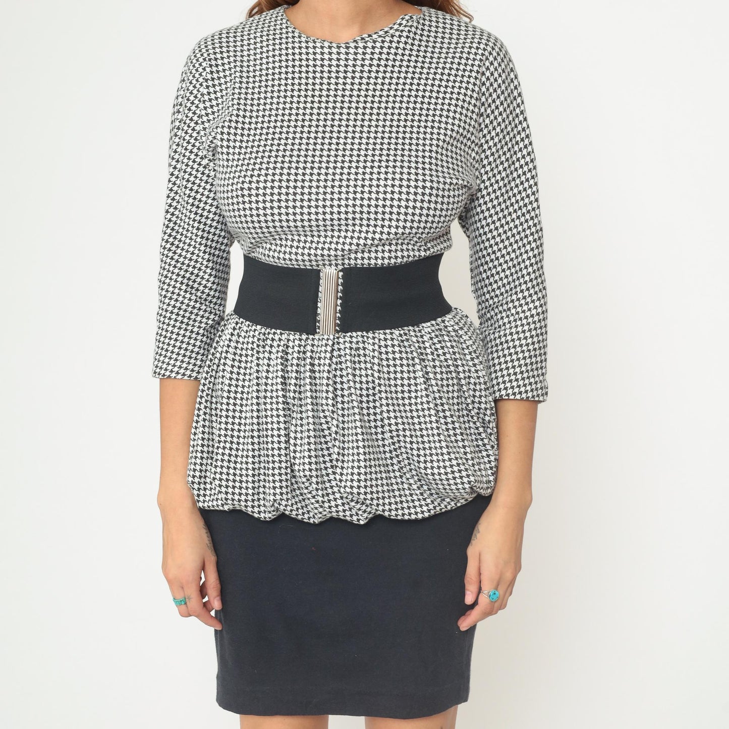 80s Houndstooth Mini Dress Black White Peplum Three Quarter Sleeve Small S