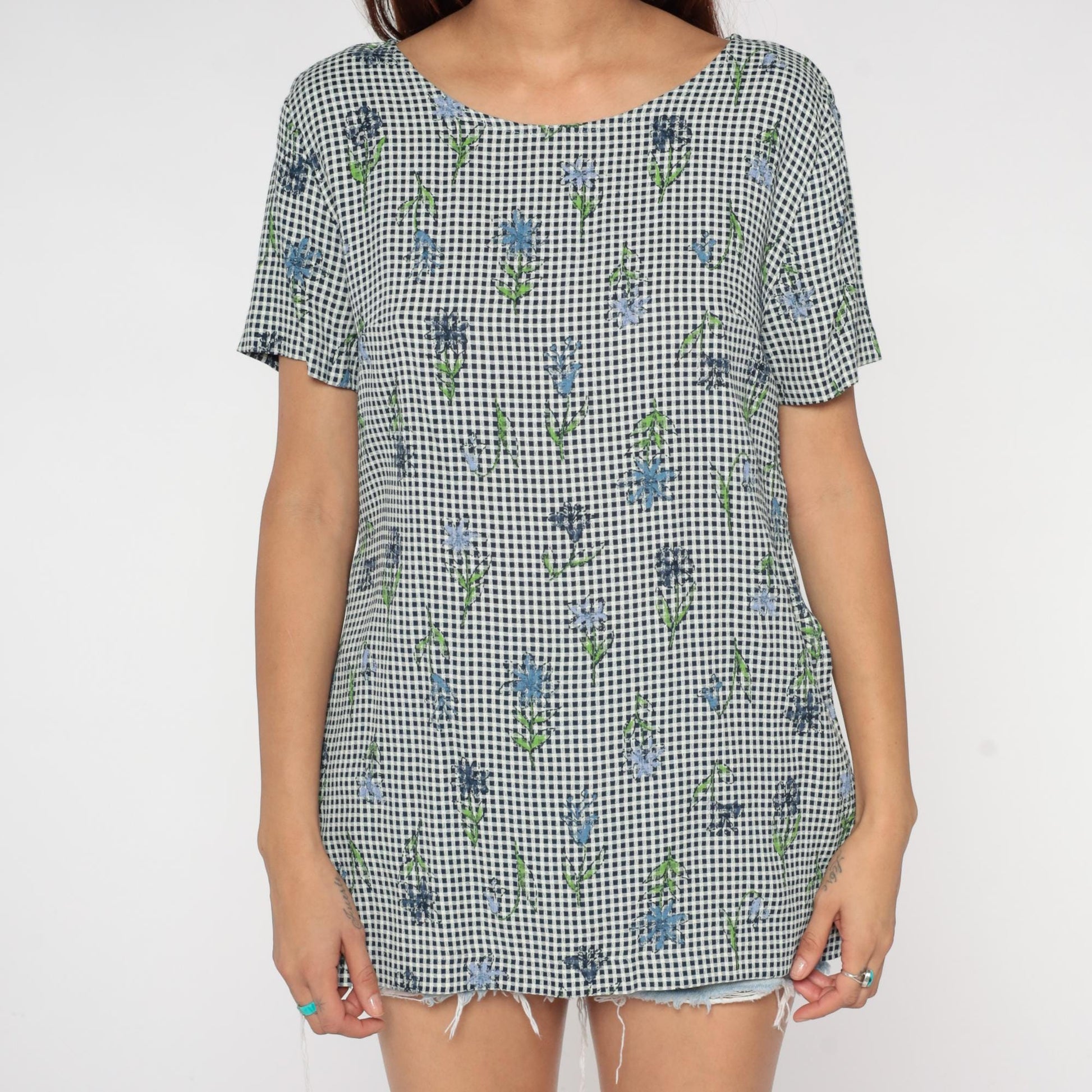 90s Jadyn T Gingham Tunic Black White Floral Embroidered Small