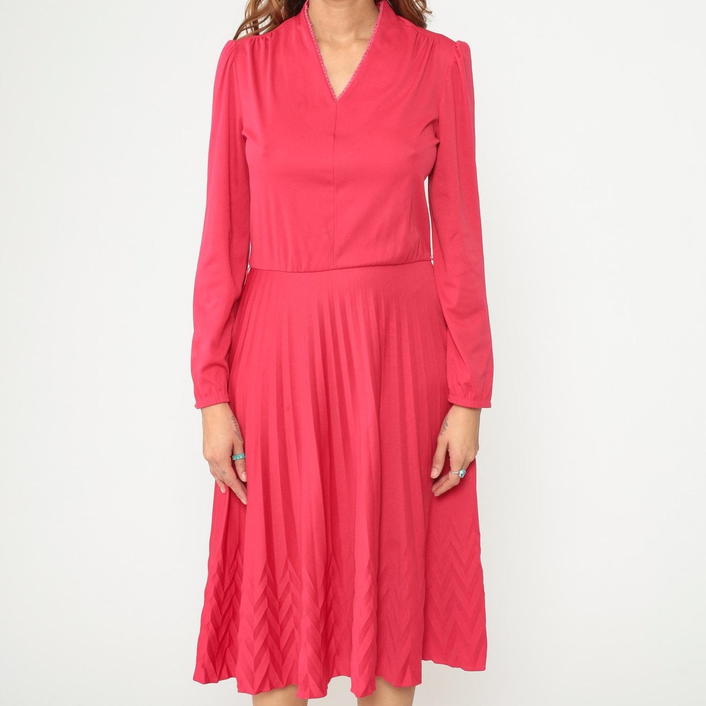 80s Tomato Red Midi Dress V-Neck Pleated Skirt Long Sleeve Medium