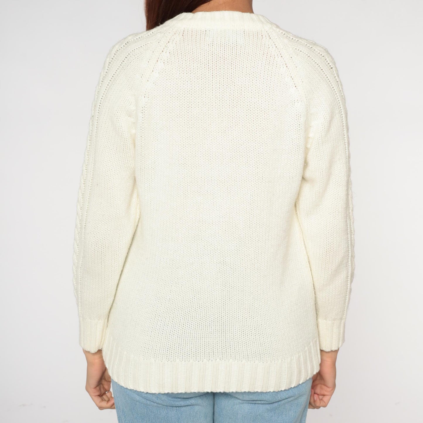70s Knitivo Cable Knit Cardigan Cream Wood Buttons Pockets Medium M