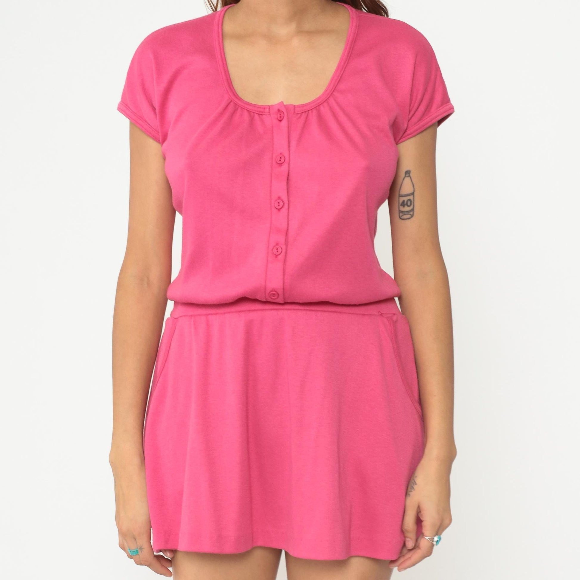80s Hot Pink Mini Dress Cotton Blend Scoop Neck Side Pockets A-Line Medium M