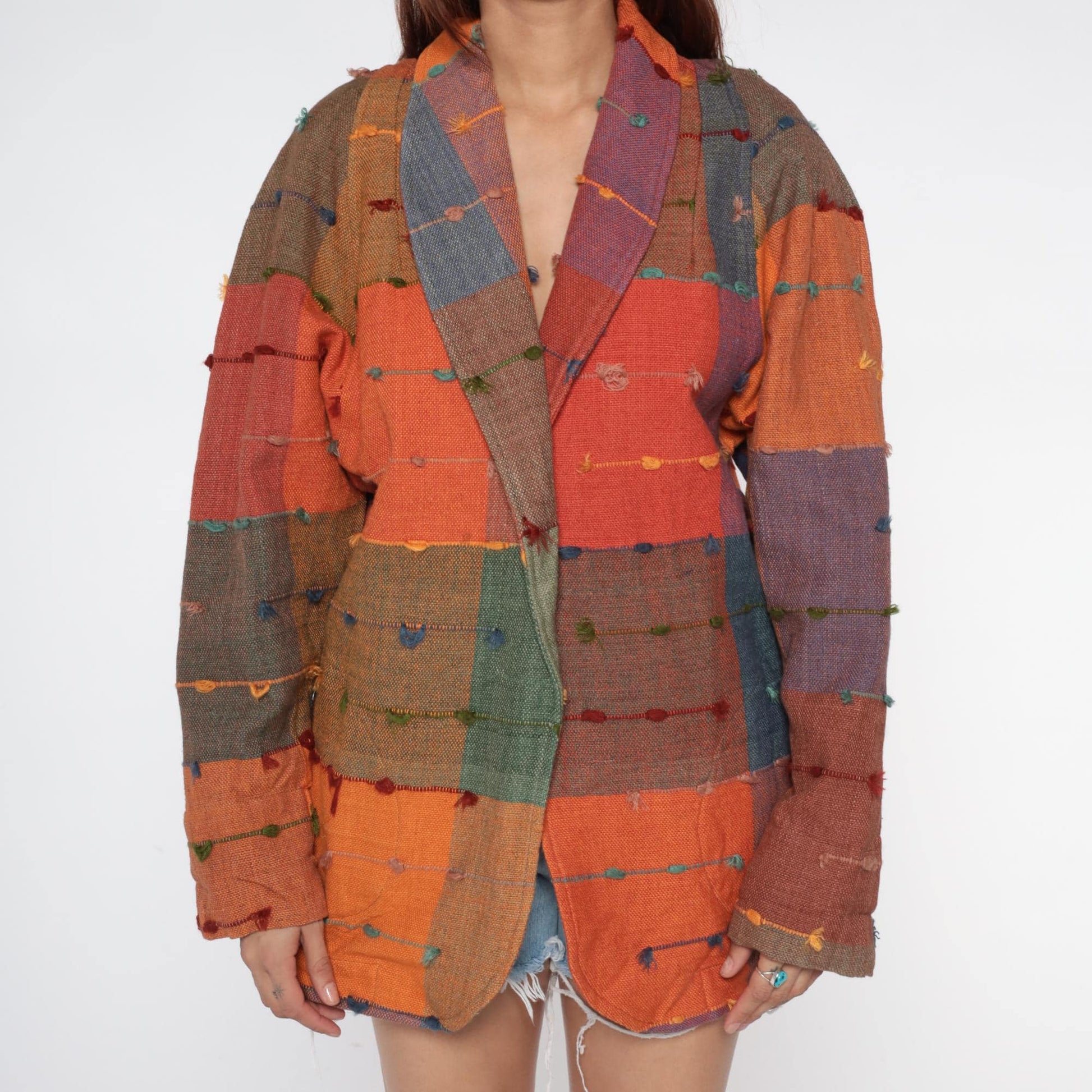 90s Patchwork Cotton Jacket Multicolor Block Button Front Medium M