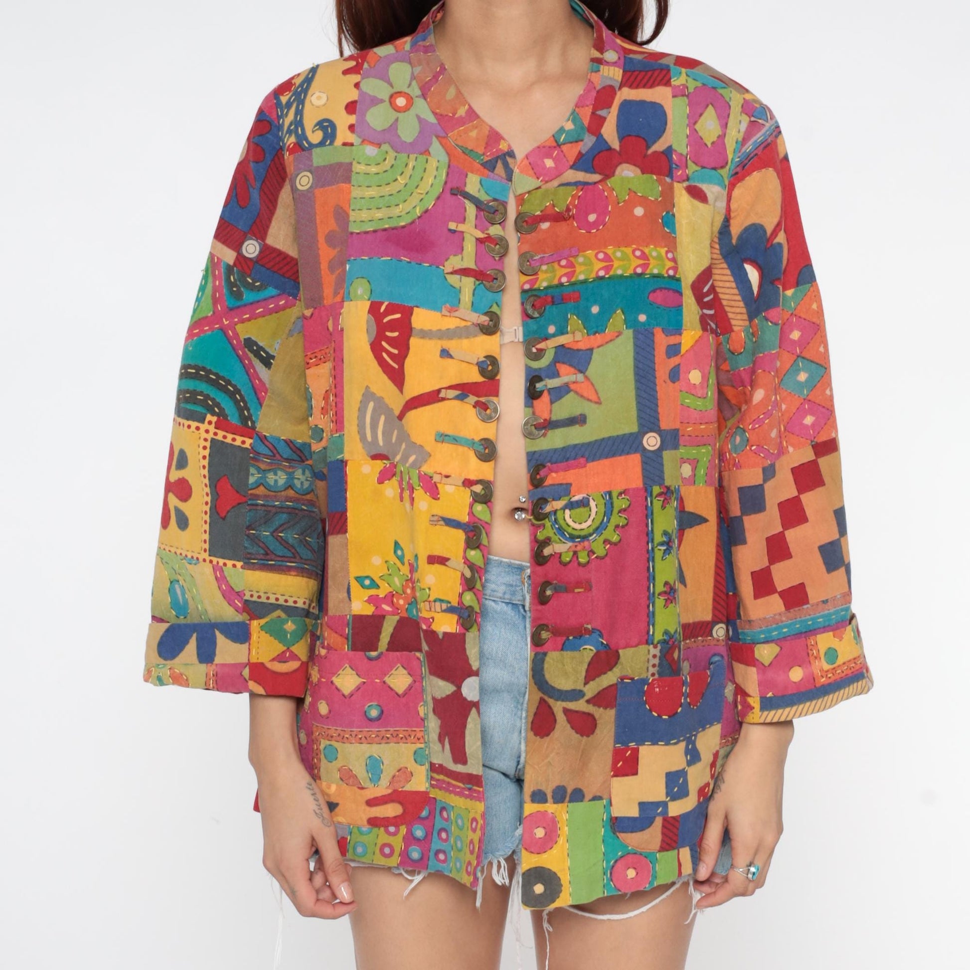 Y2K Rainbow Patchwork Cotton Jacket Embroidered Floral Button Front Extra Large