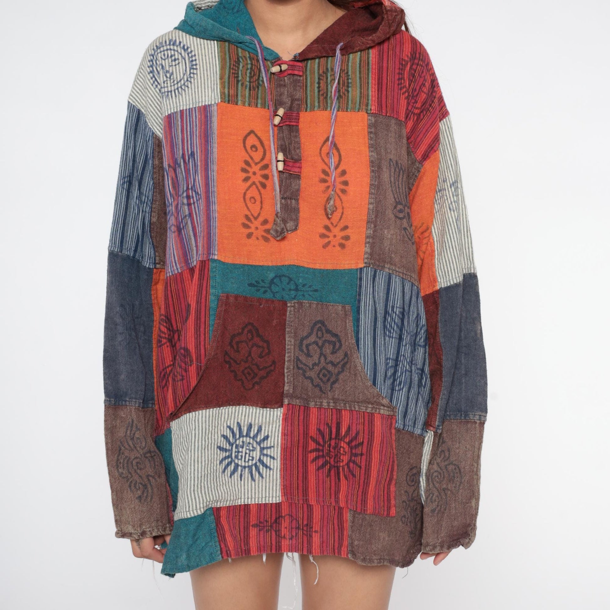 Y2K Patchwork Hoodie Block Print Cotton Button Front Medium Large